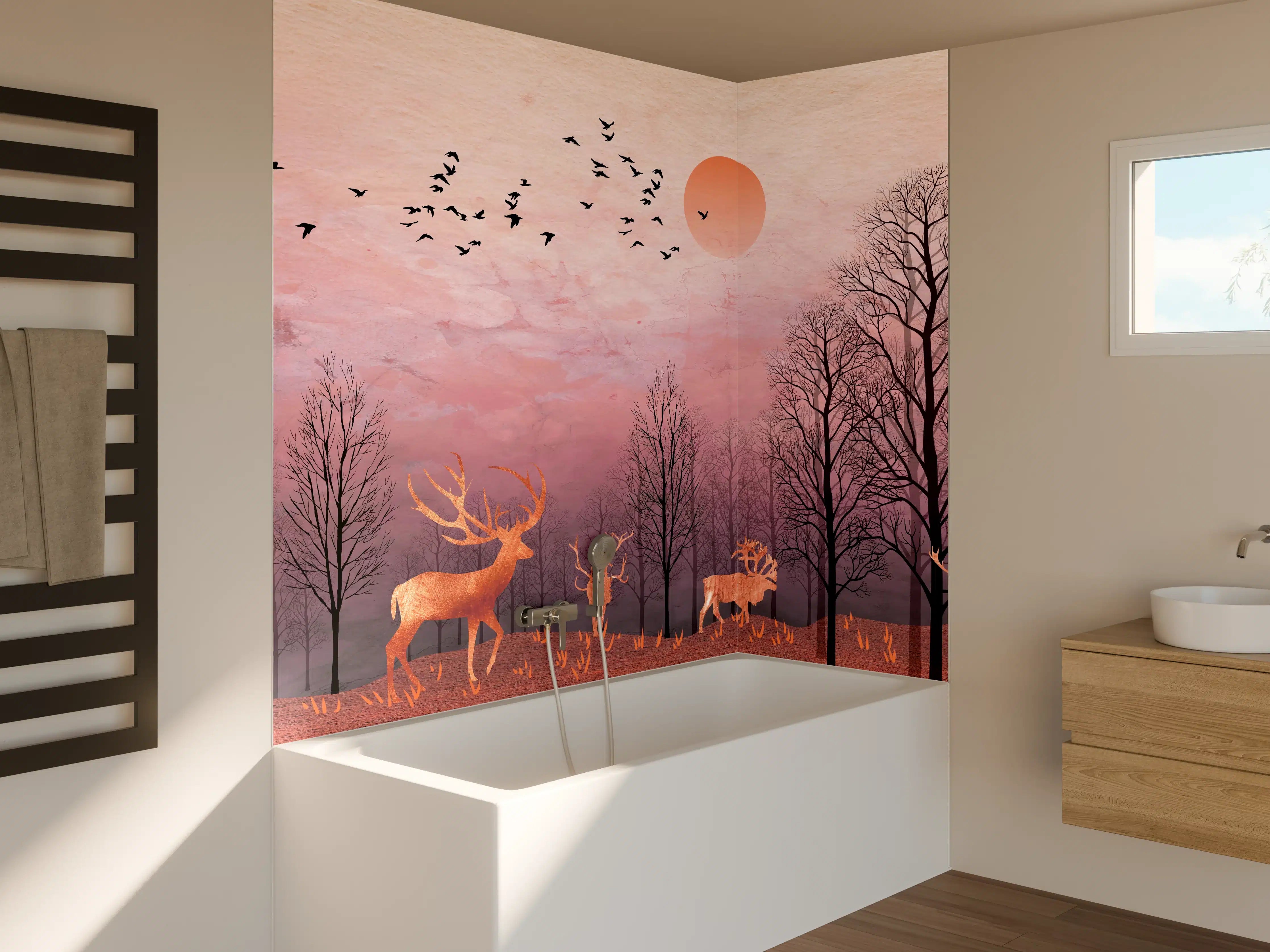 Badewannen-Rückwand - Gemalte Landschaft mit Wildtieren
