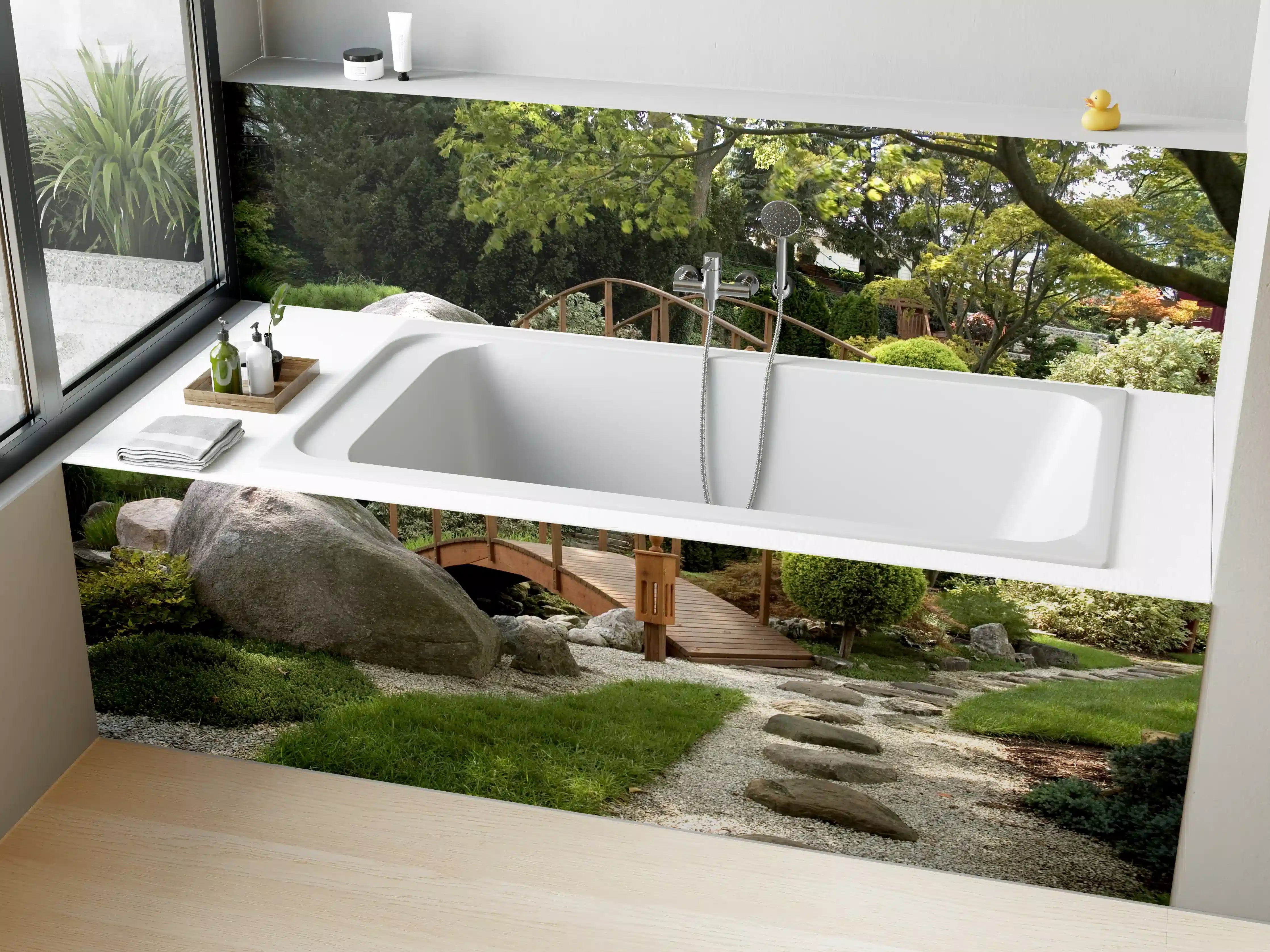 Badewannen-Rückwand - Gemütlicher Gartenpfad mit Brücke und Natursteinen