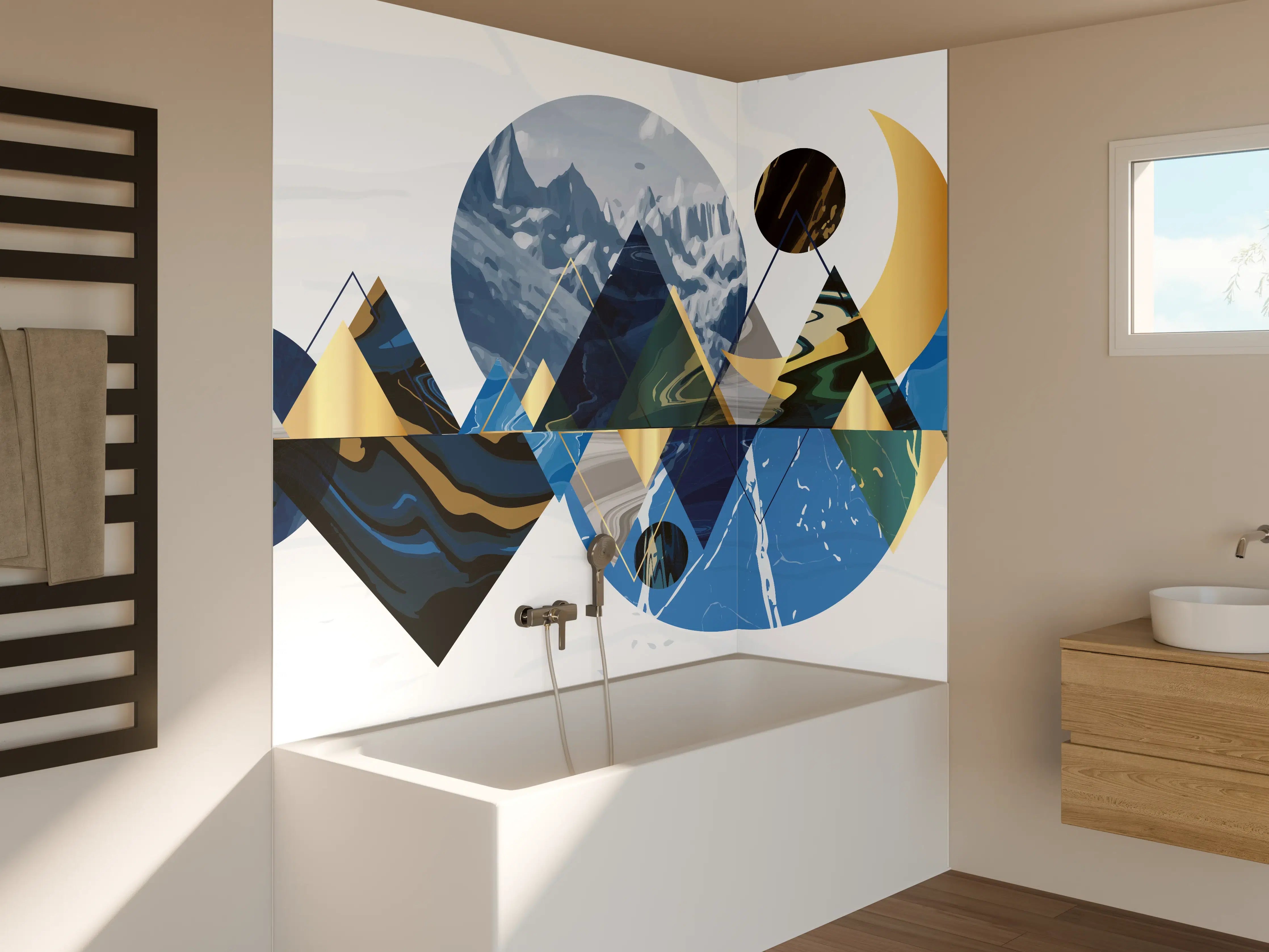 Badewannen-Rückwand - Geometrische Berglandschaft in Blau
