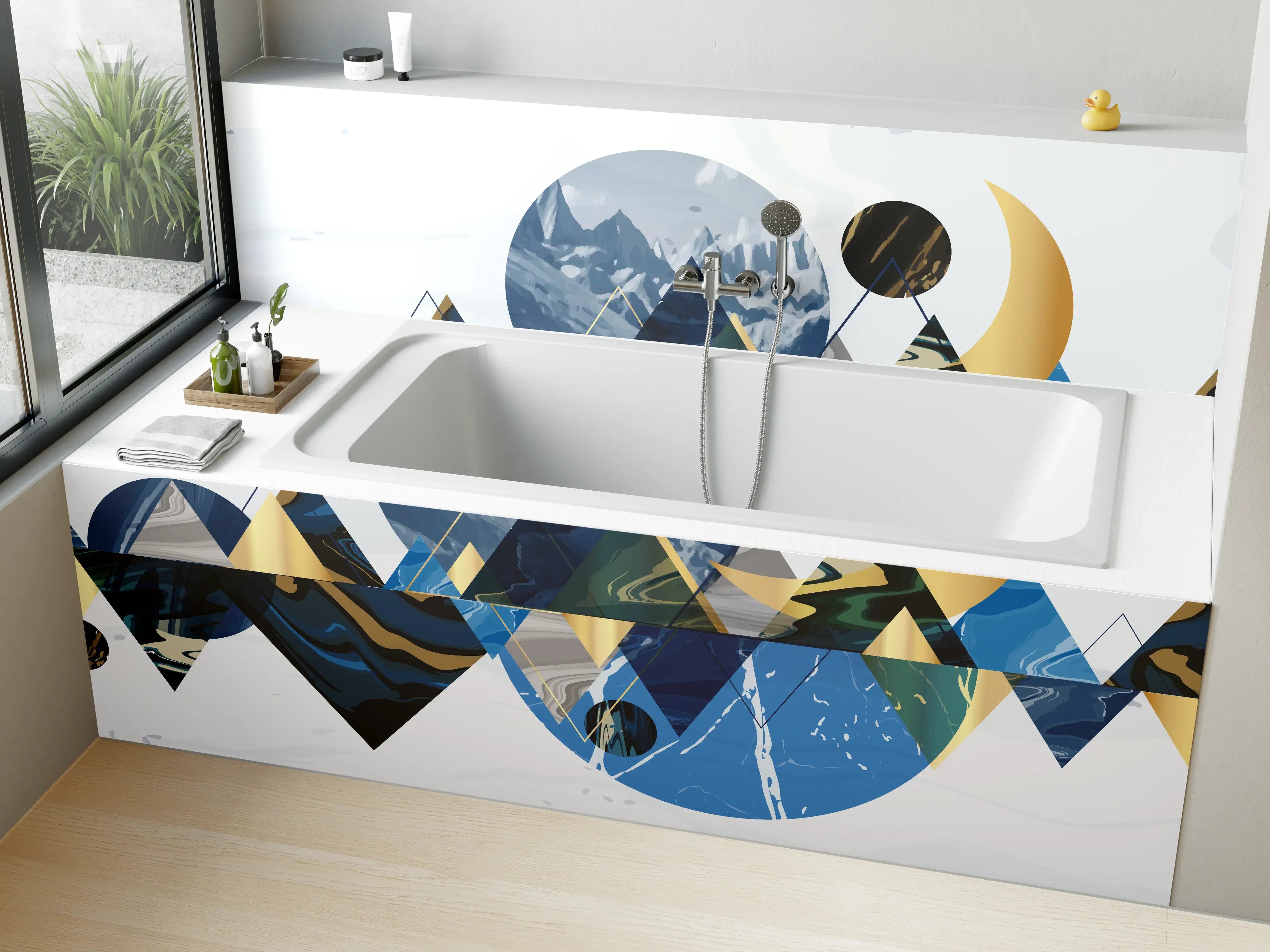 Badewannen-Rückwand - Geometrische Berglandschaft in Blau
