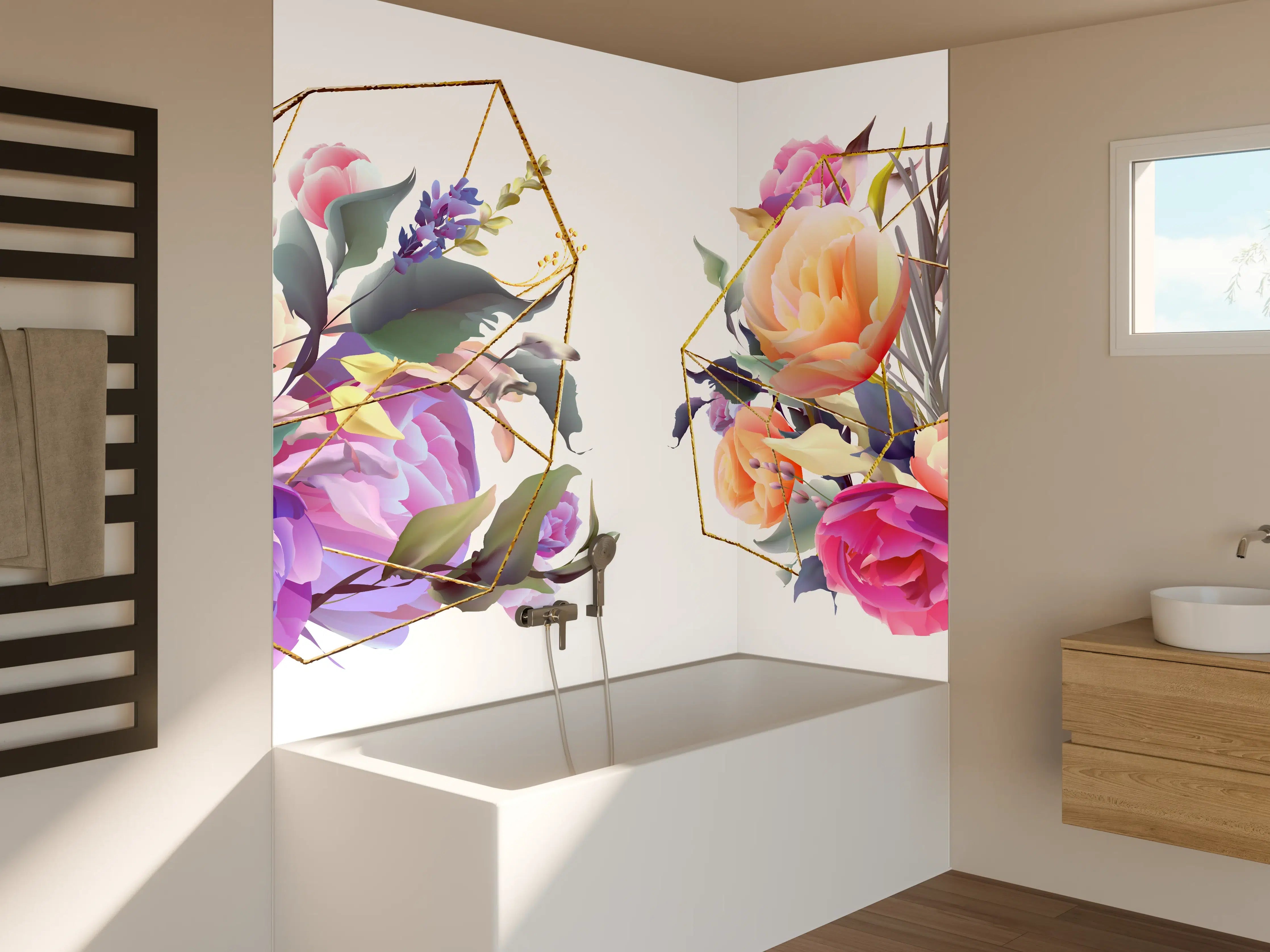 Badewannen-Rückwand - Geometrische Blumen Goldglanz