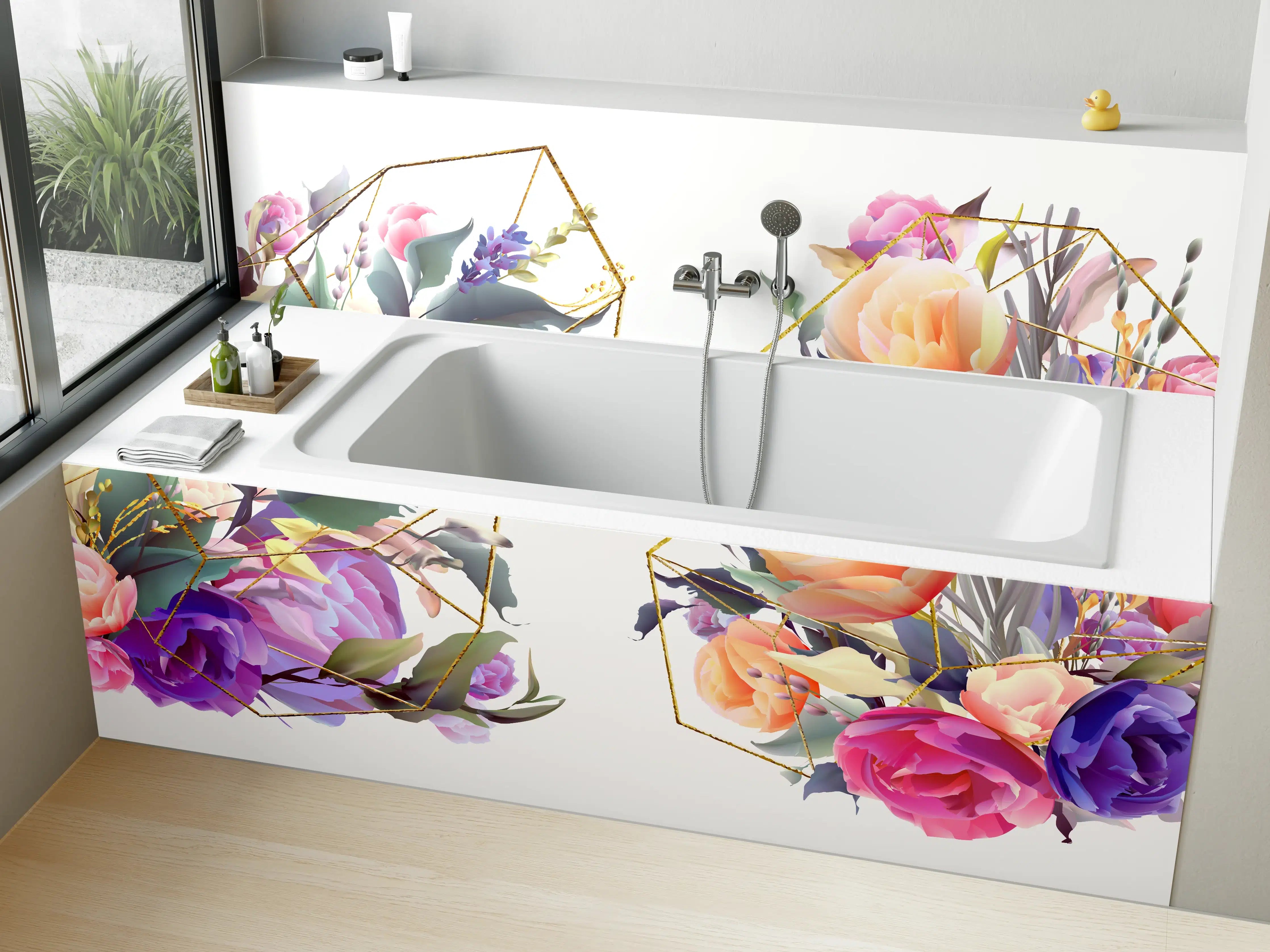 Badewannen-Rückwand - Geometrische Blumen Goldglanz