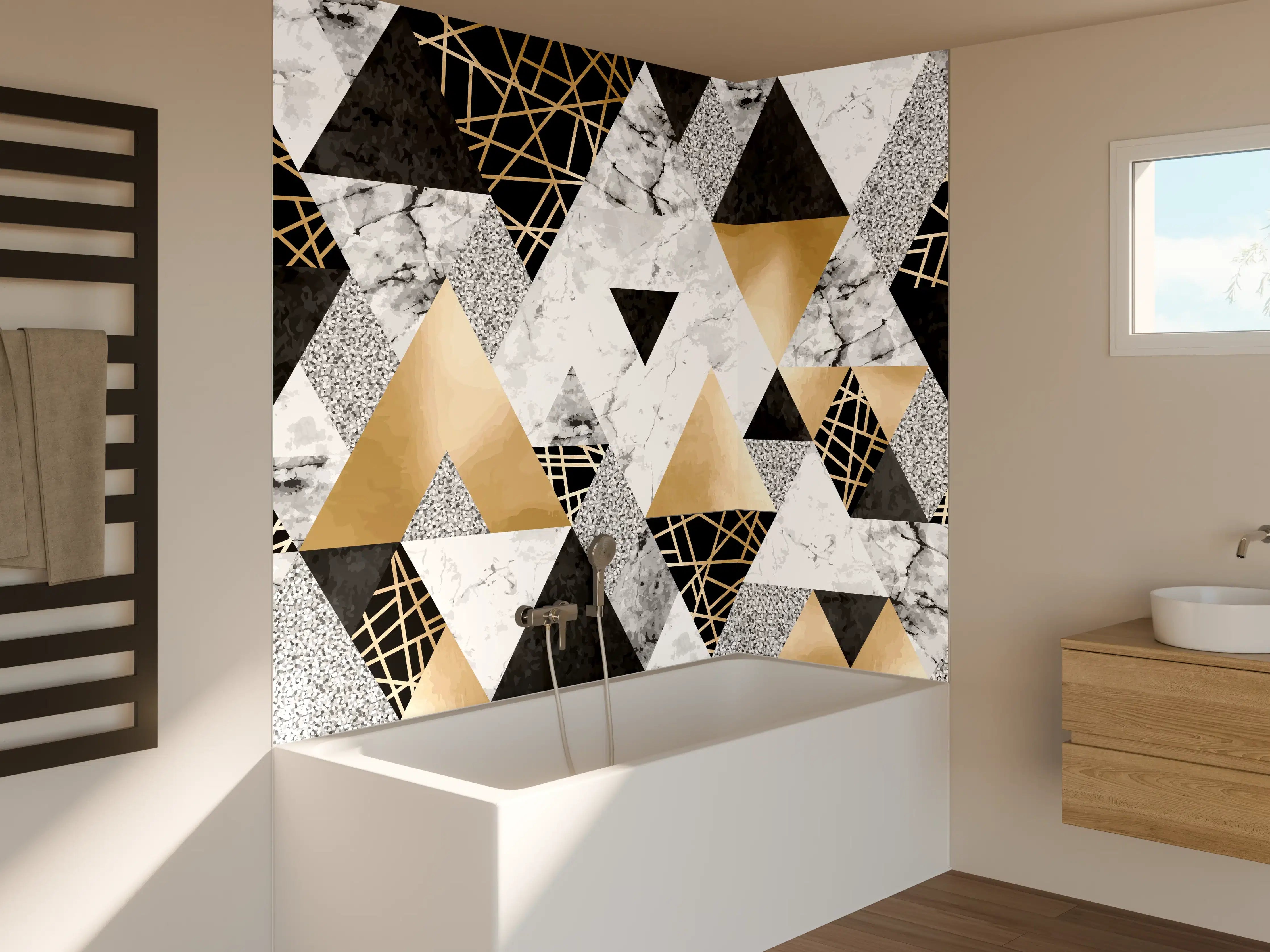 Badewannen-Rückwand - Geometrische Gold-Schwarz-Weiß-Muster