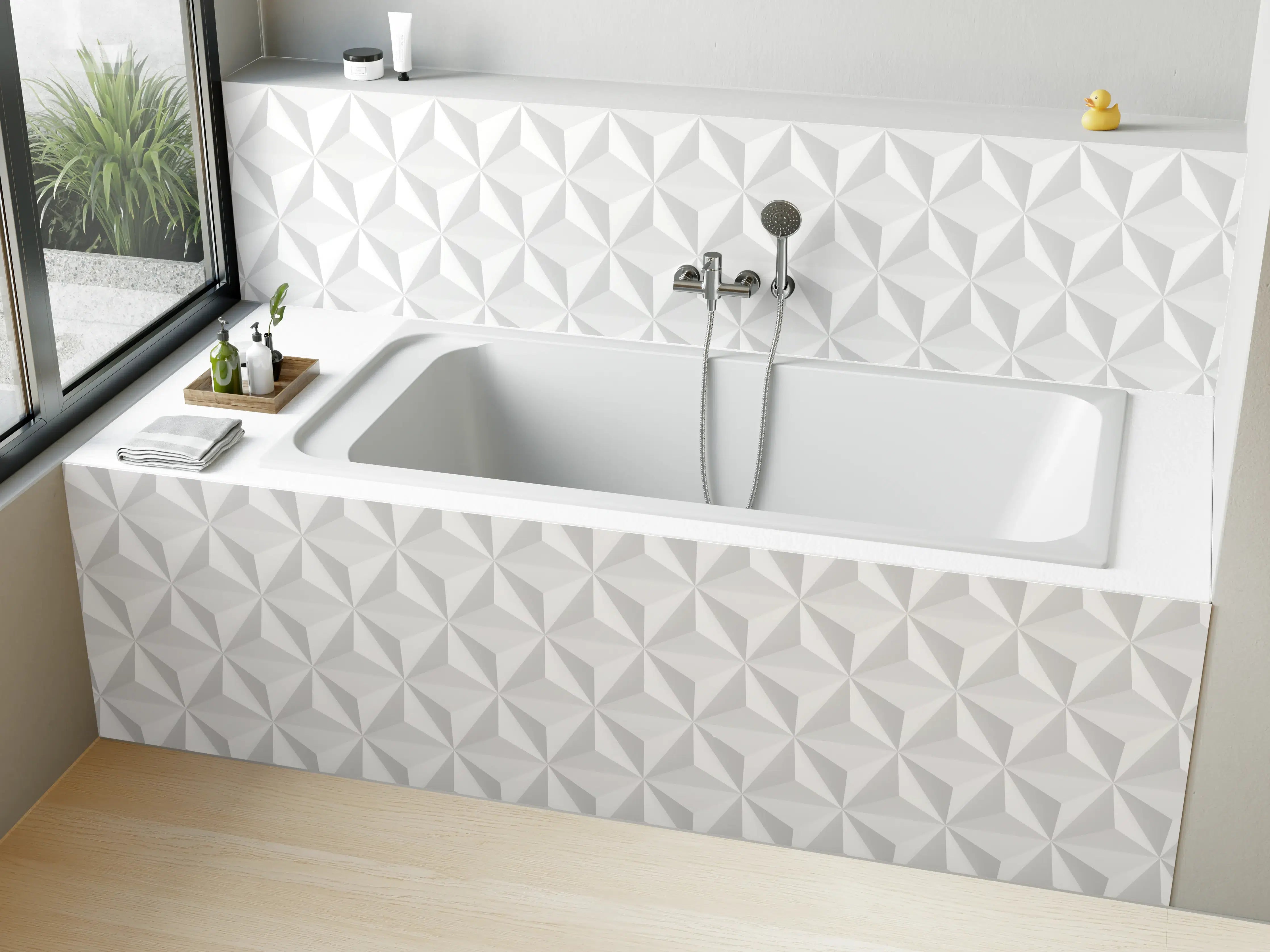 Badewannen-Rückwand - Geometrische Weiß-Grau 3D Textur