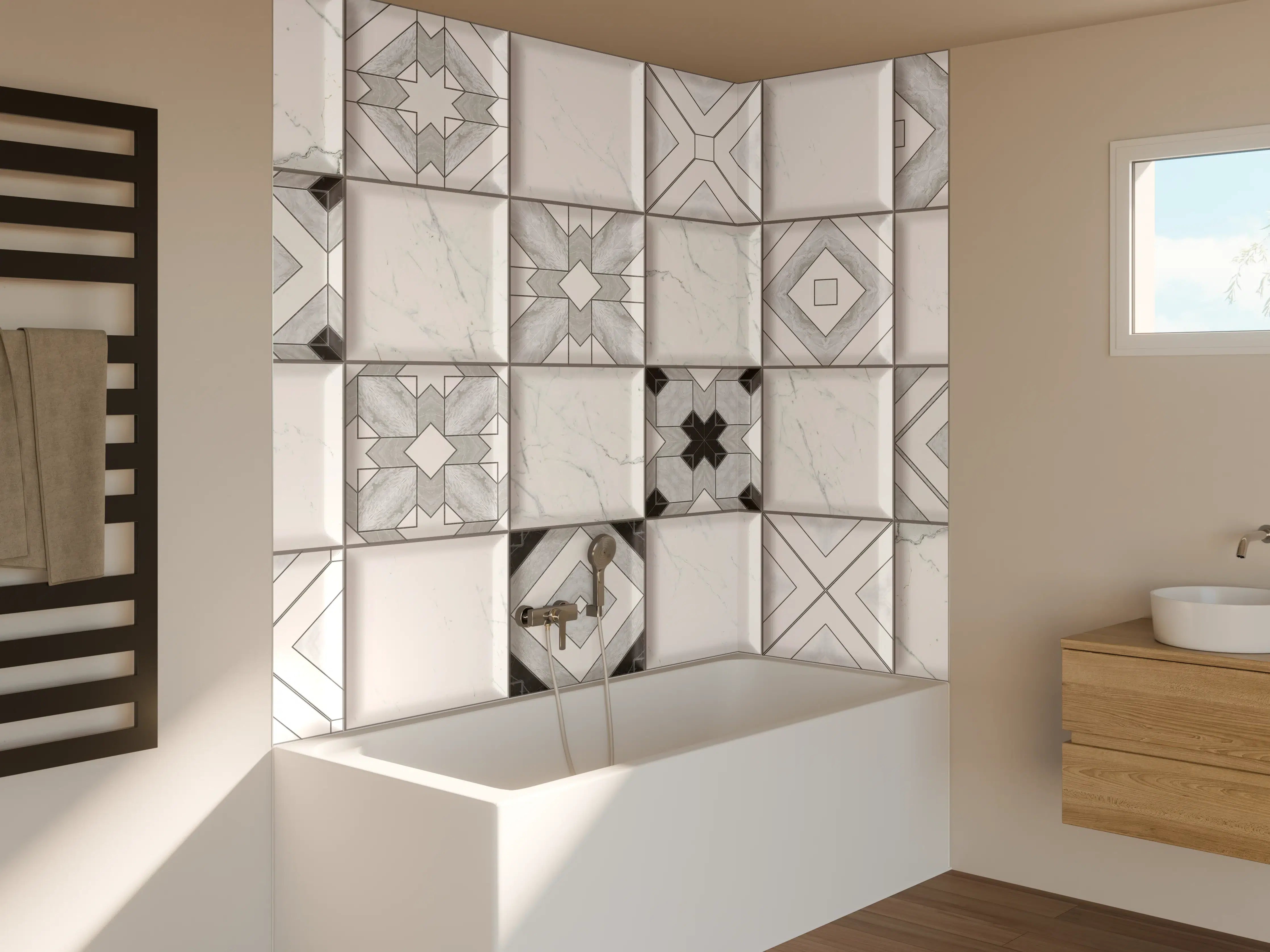Badewannen-Rückwand - Geometrische Weiß-Grau Wandfliesen