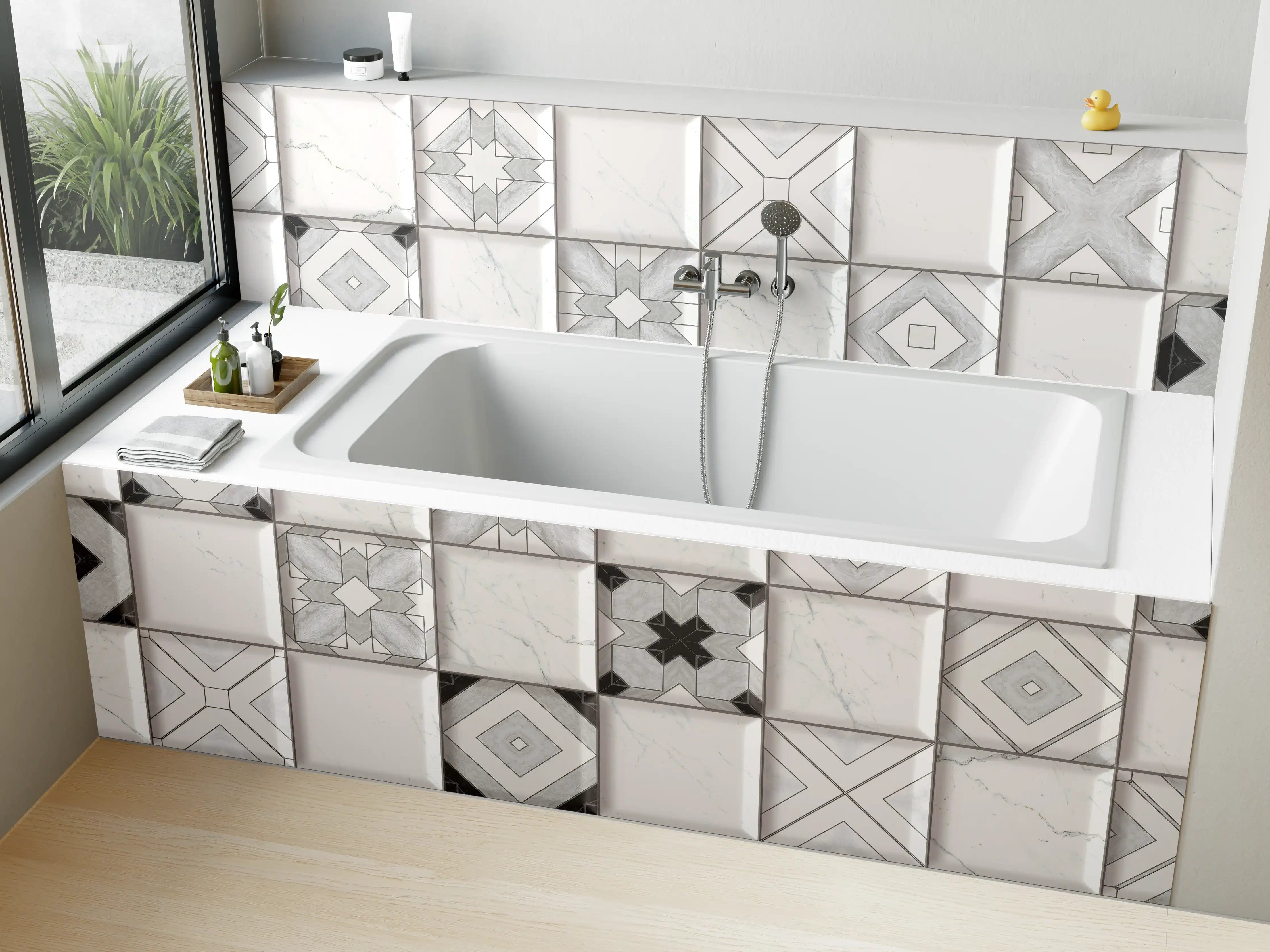 Badewannen-Rückwand - Geometrische Weiß-Grau Wandfliesen