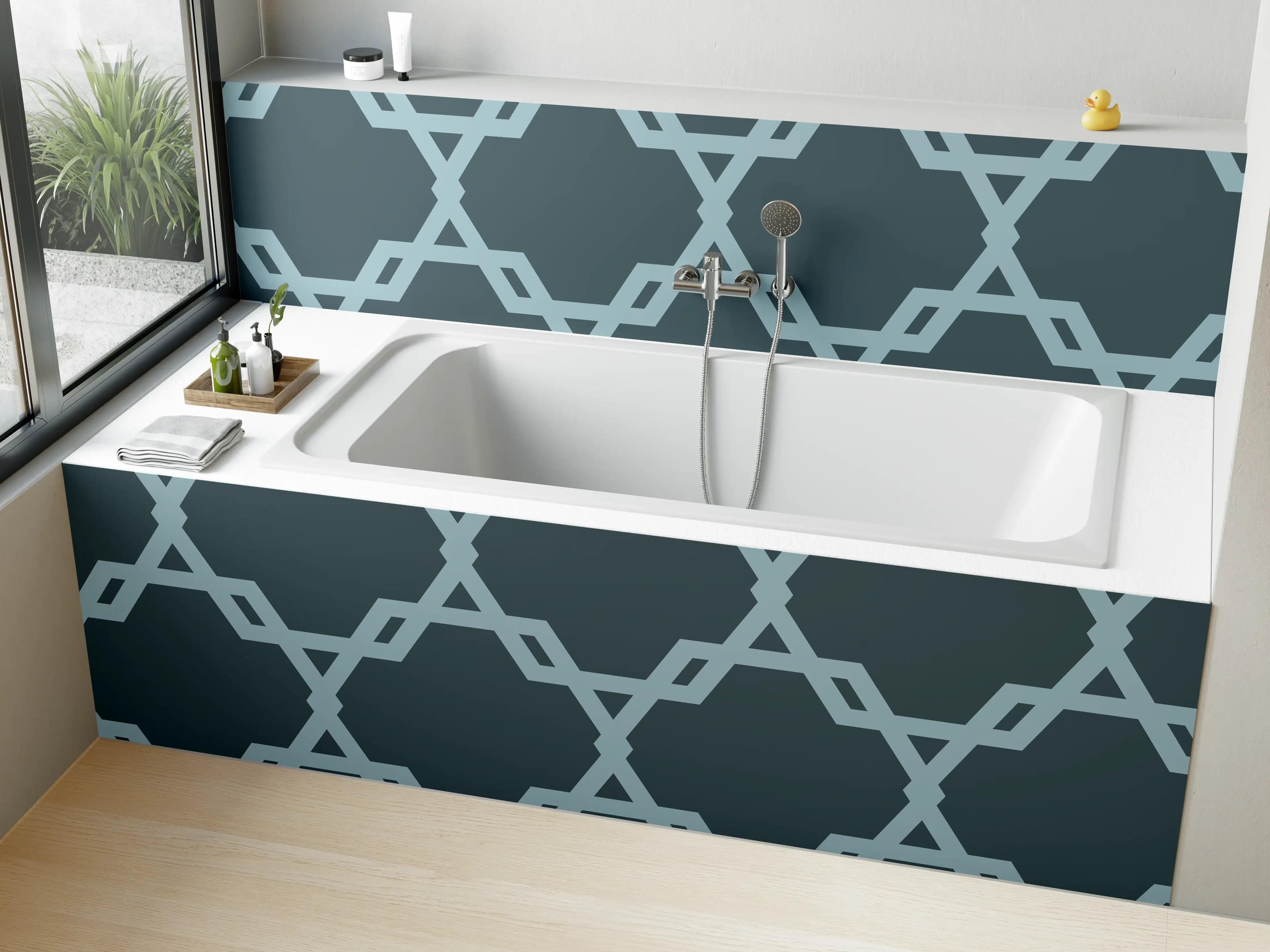 Badewannen-Rückwand - Geometrisches Blaugrau Muster