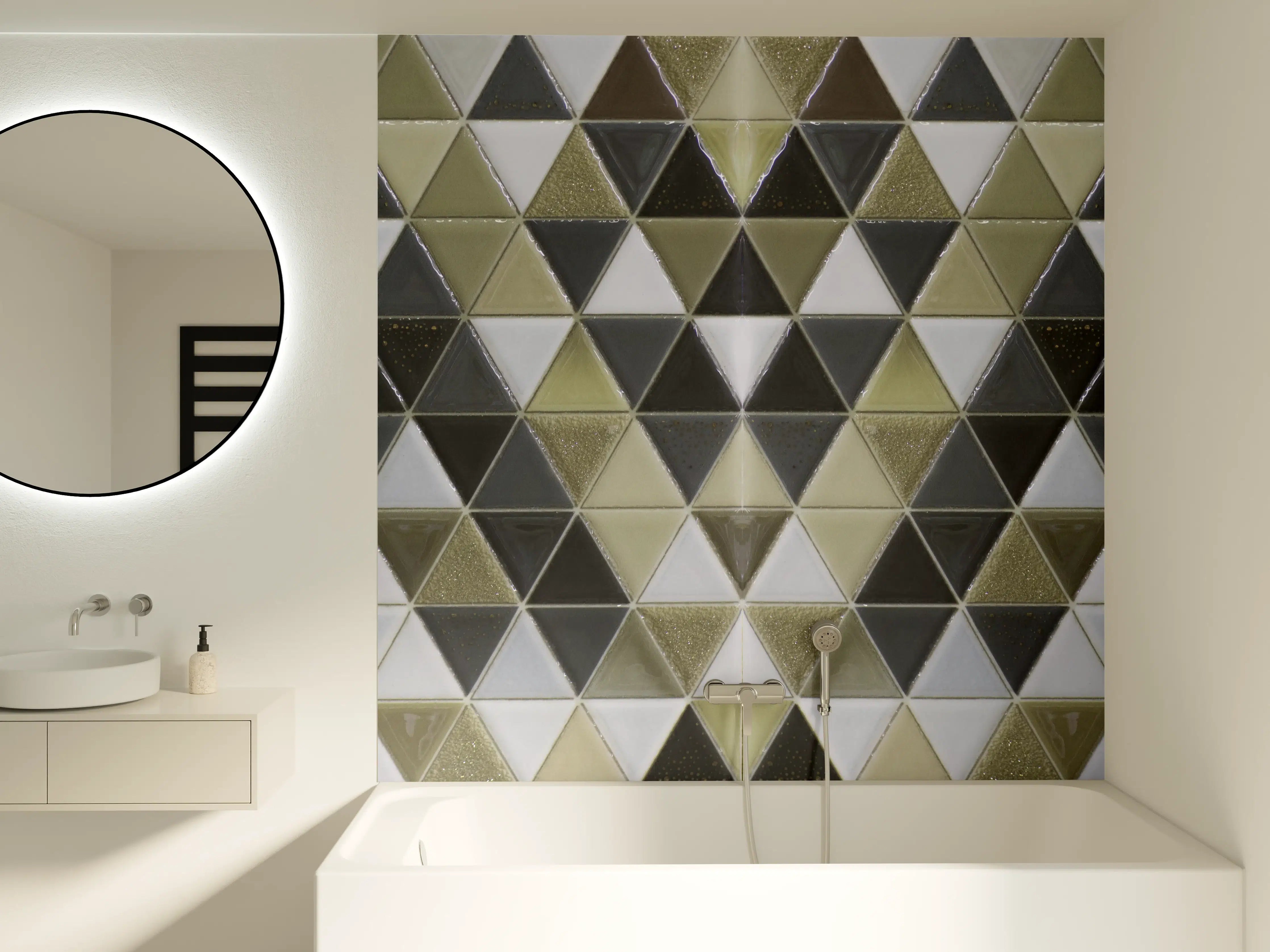 Badewannen-Rückwand - Geometrisches Fliesenmuster Schwarz Weiß Gold
