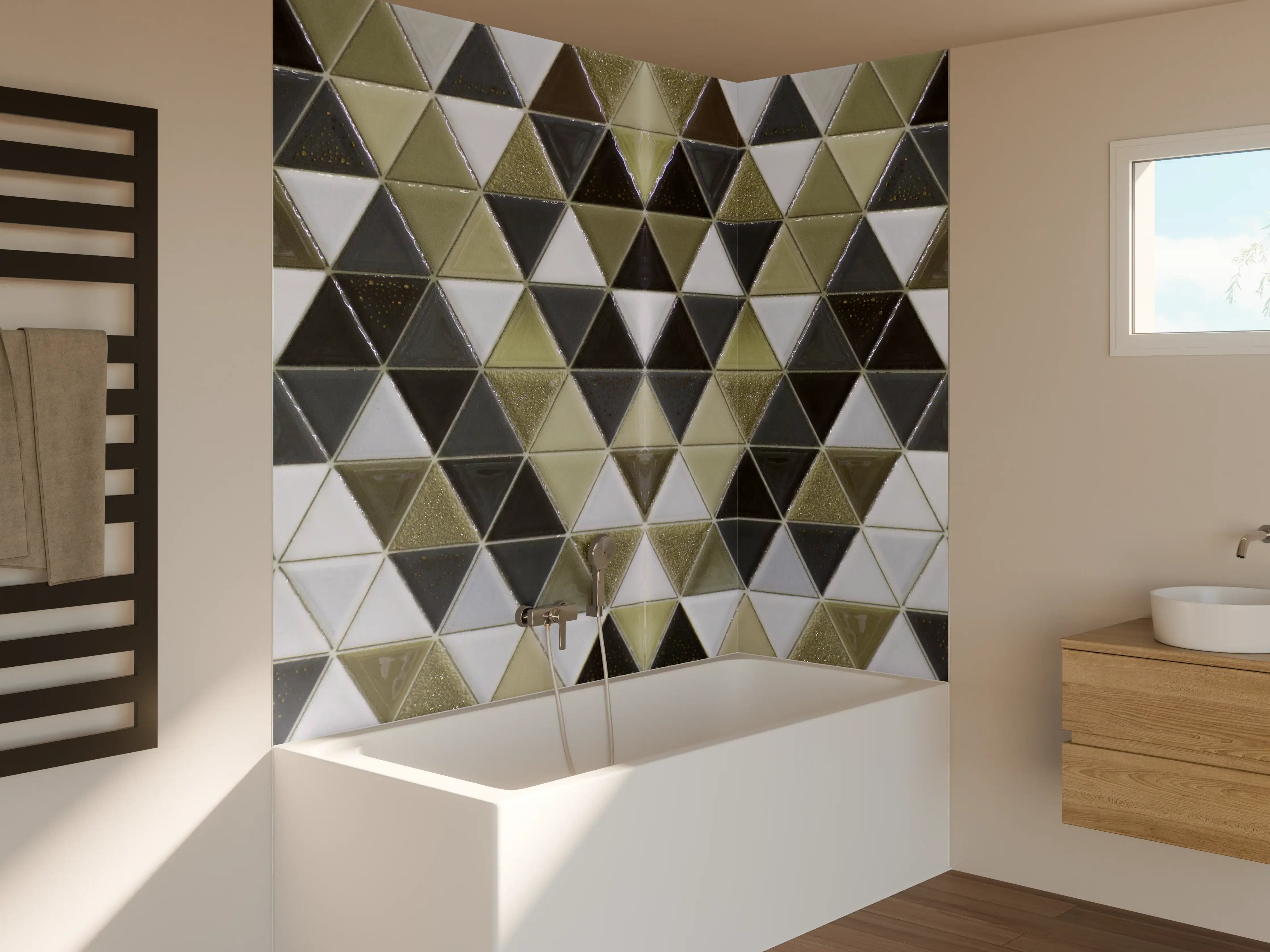 Badewannen-Rückwand - Geometrisches Fliesenmuster Schwarz Weiß Gold
