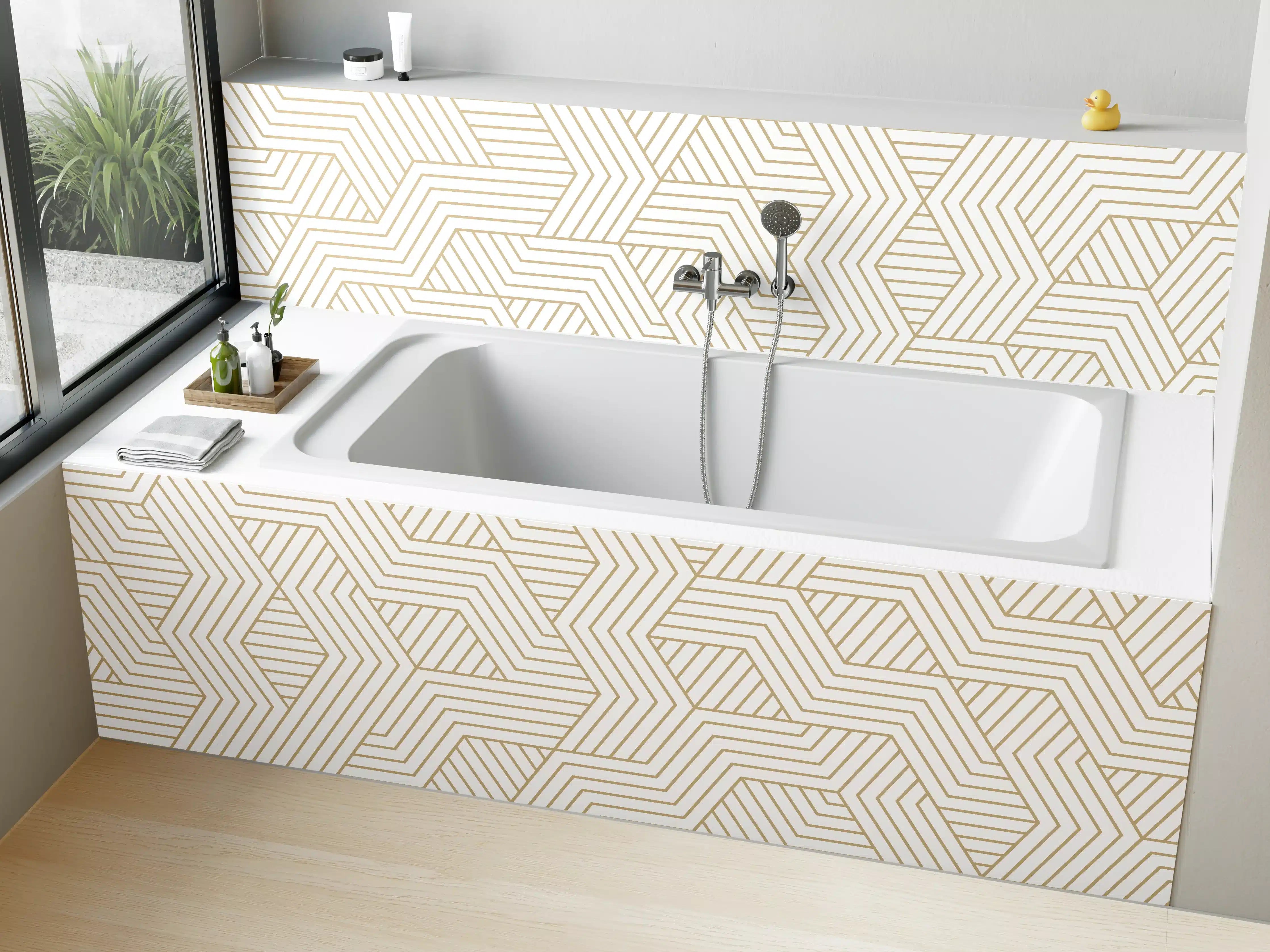 Badewannen-Rückwand - Geometrisches Gold-Weiß Muster