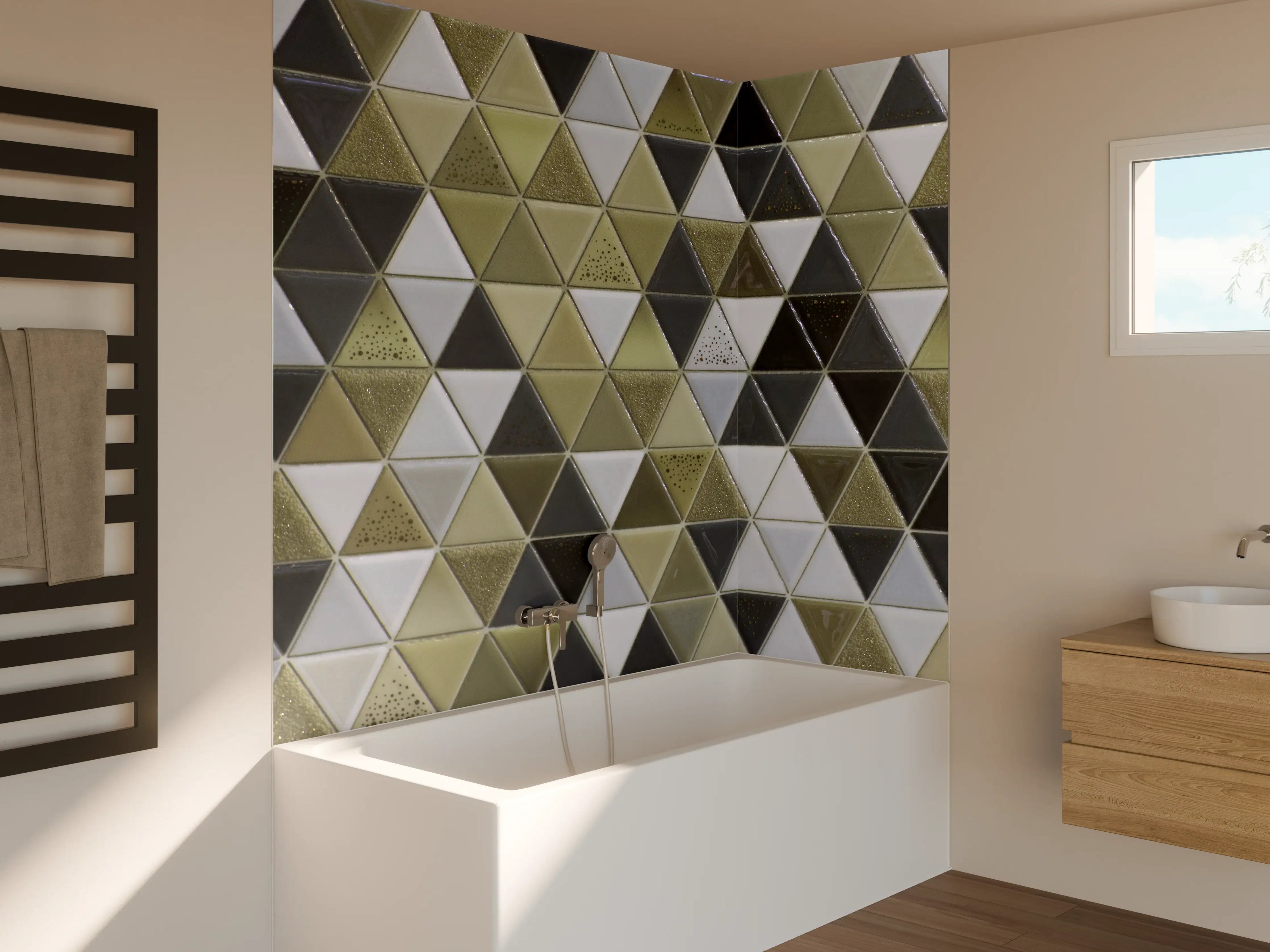 Badewannen-Rückwand - Geometrisches Mosaik Kachel Grau