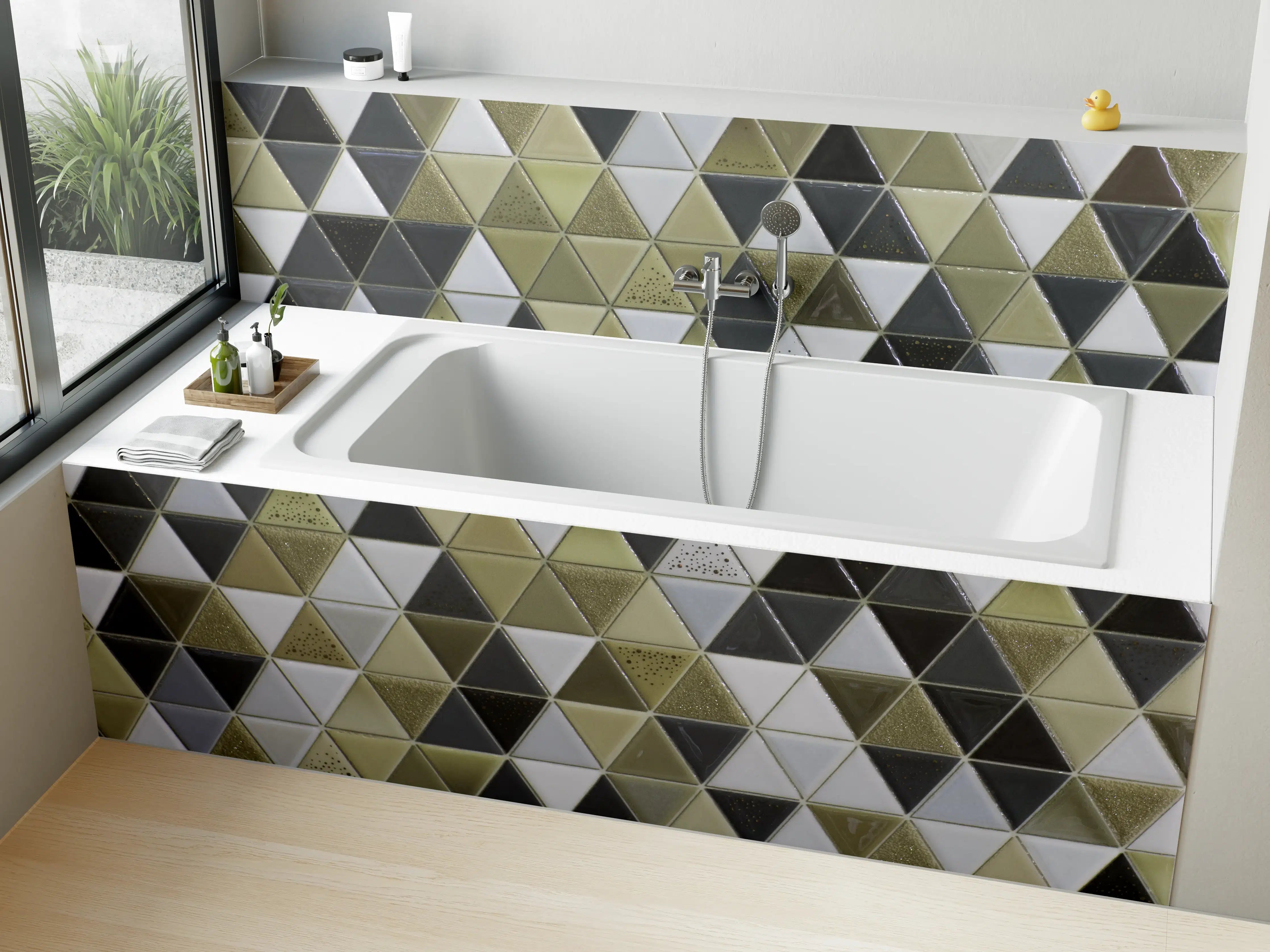 Badewannen-Rückwand - Geometrisches Mosaik Kachel Grau