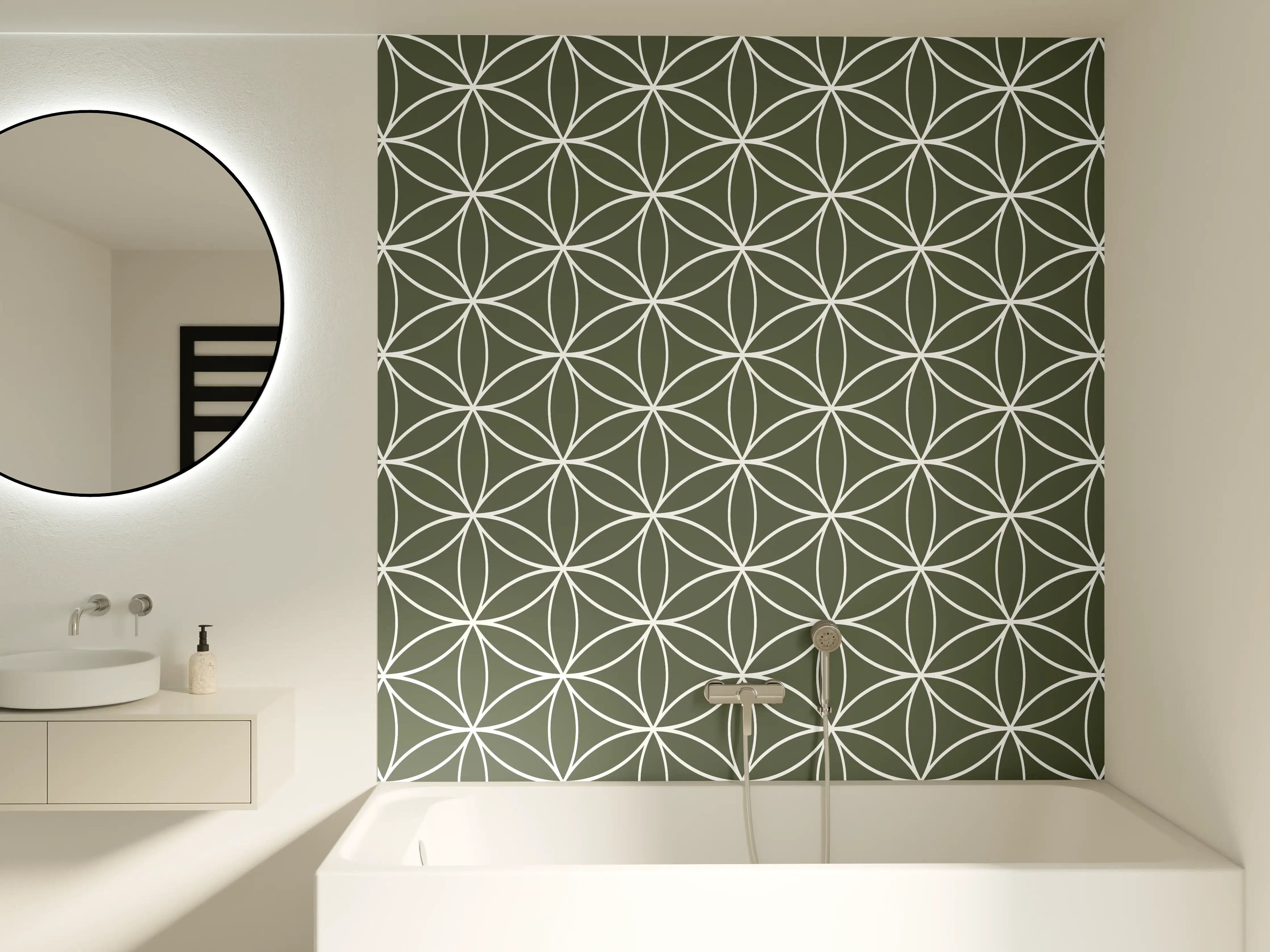 Badewannen-Rückwand - Geometrisches Muster in gedeckten Grün- und Grau-Tönen