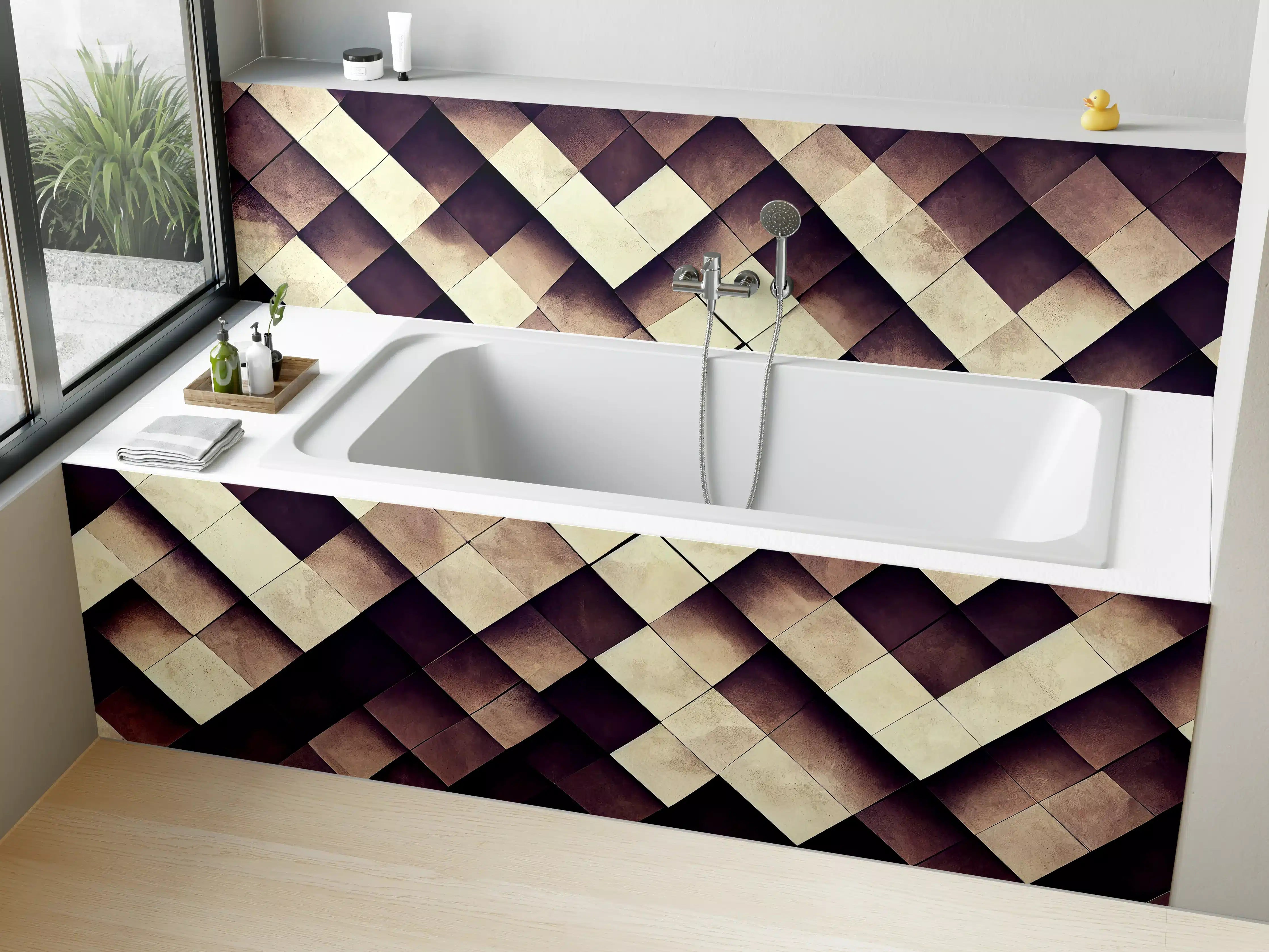 Badewannen-Rückwand - Geometrisches Schachbrett-Muster Braun
