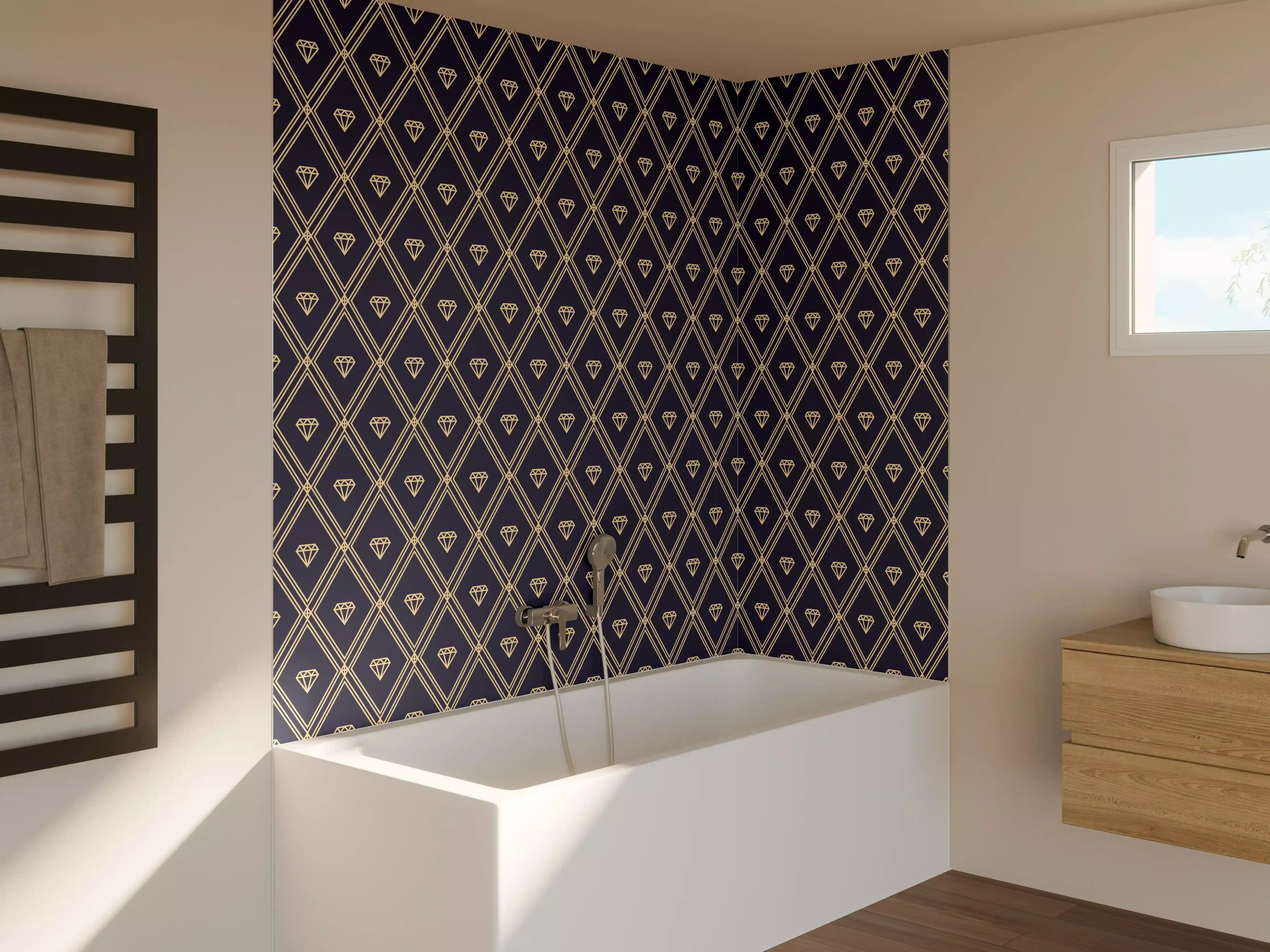 Badewannen-Rückwand - Geometrisches Schwarz-Blau Muster