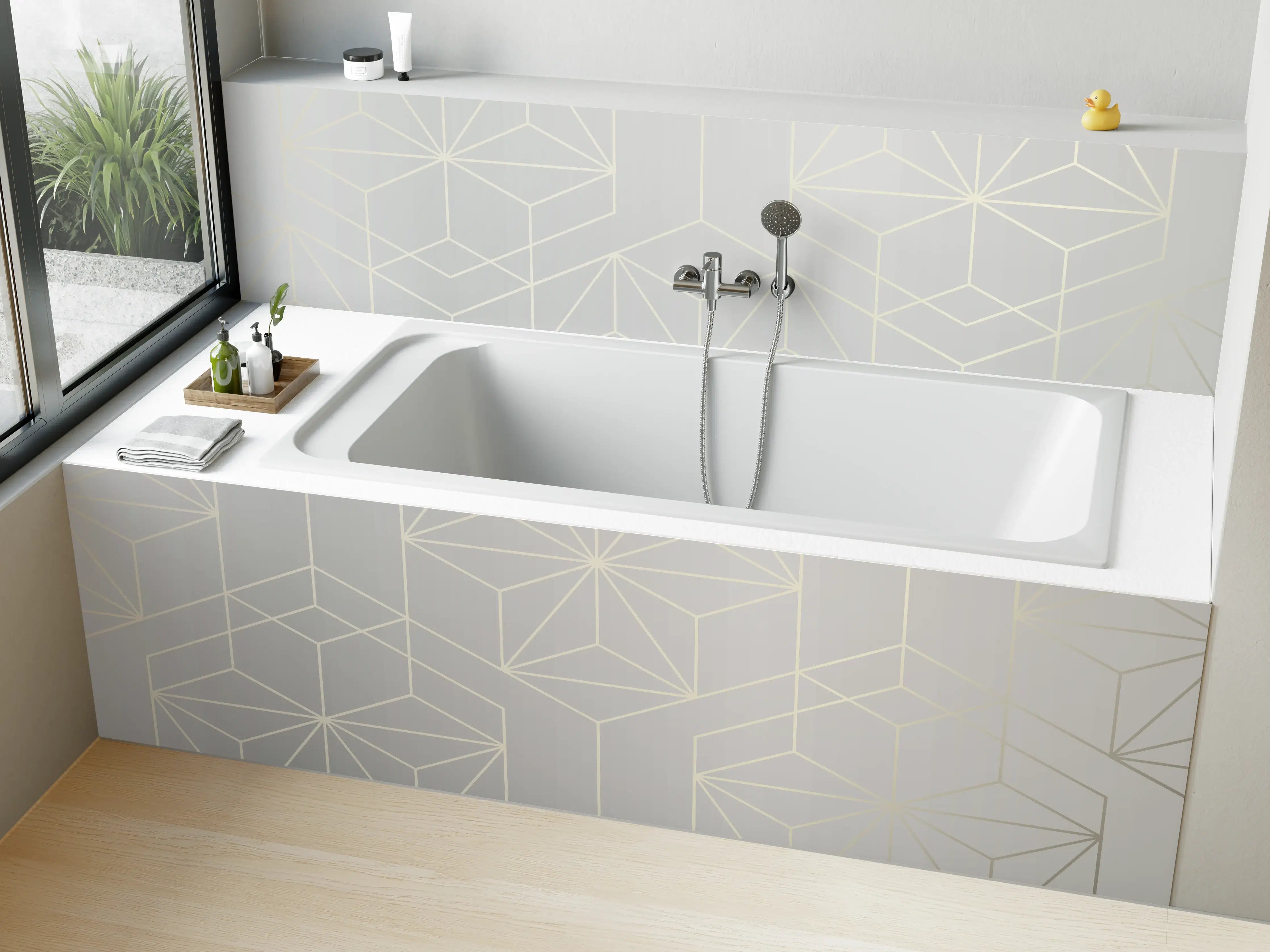 Badewannen-Rückwand - Geometrisches Weiß-Grau-Muster