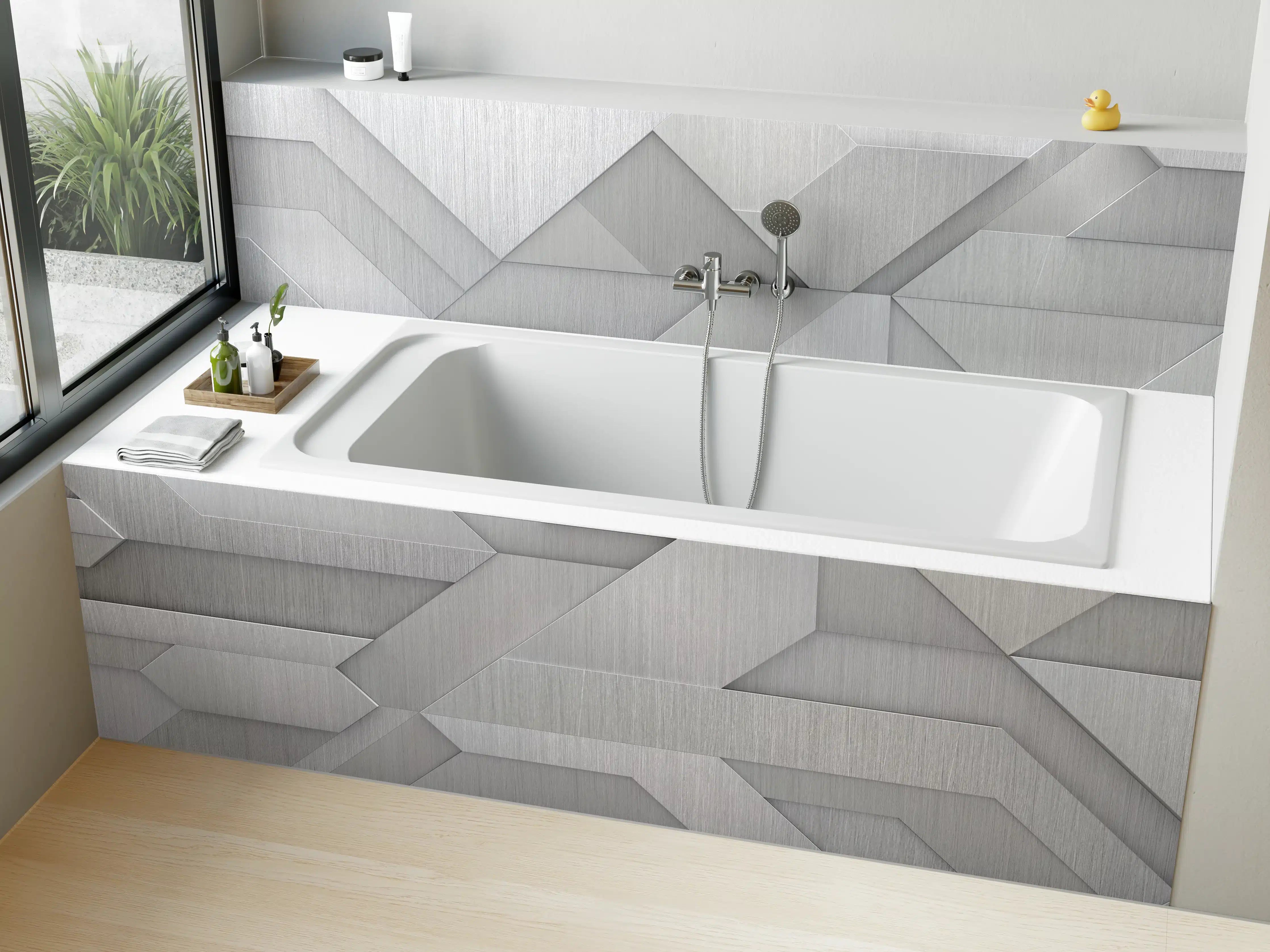 Badewannen-Rückwand - Geometrisches Weiß-Metallic-Muster