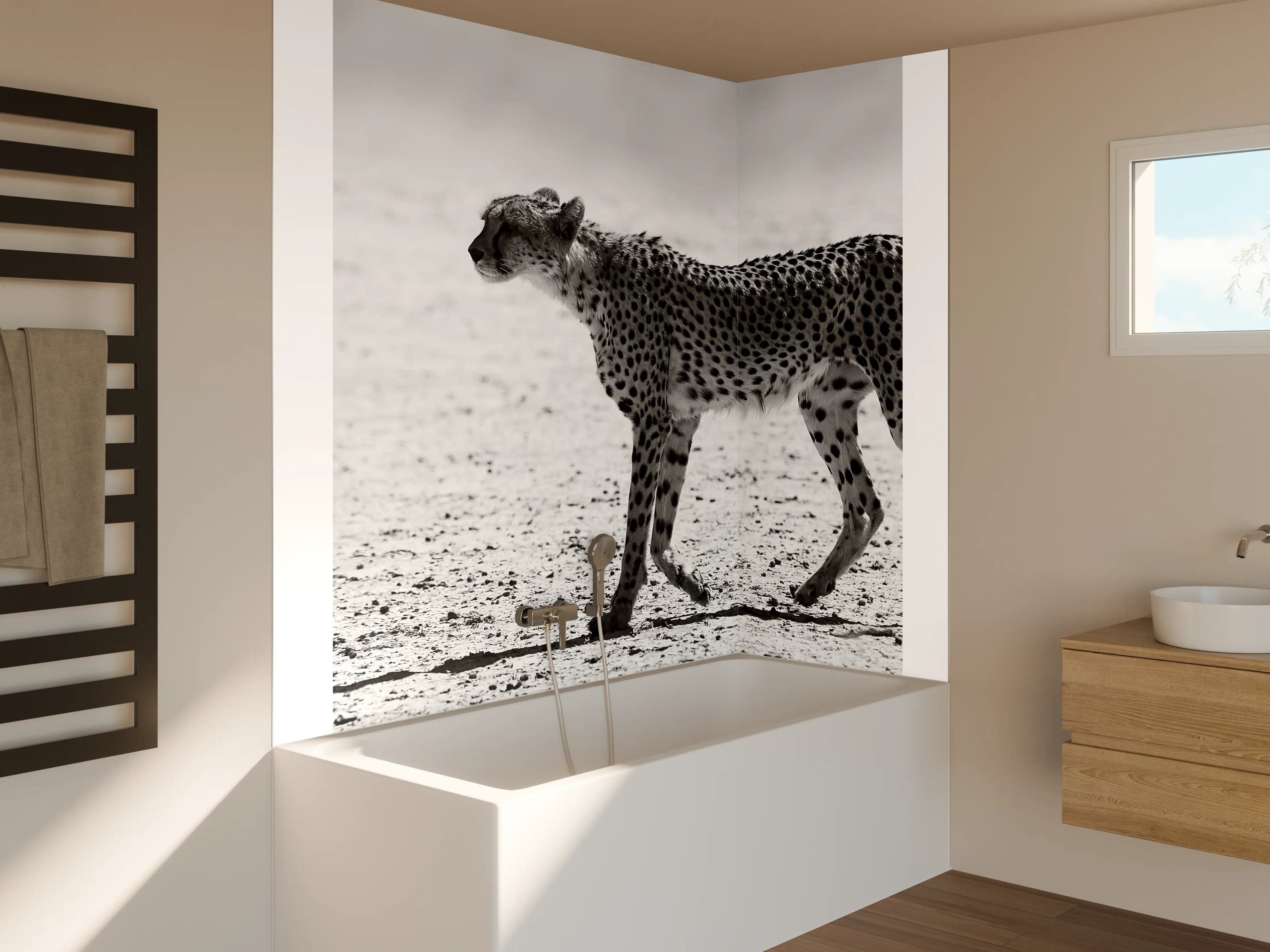 Badewannen-Rückwand - Gepard in Schwarz-Weiß