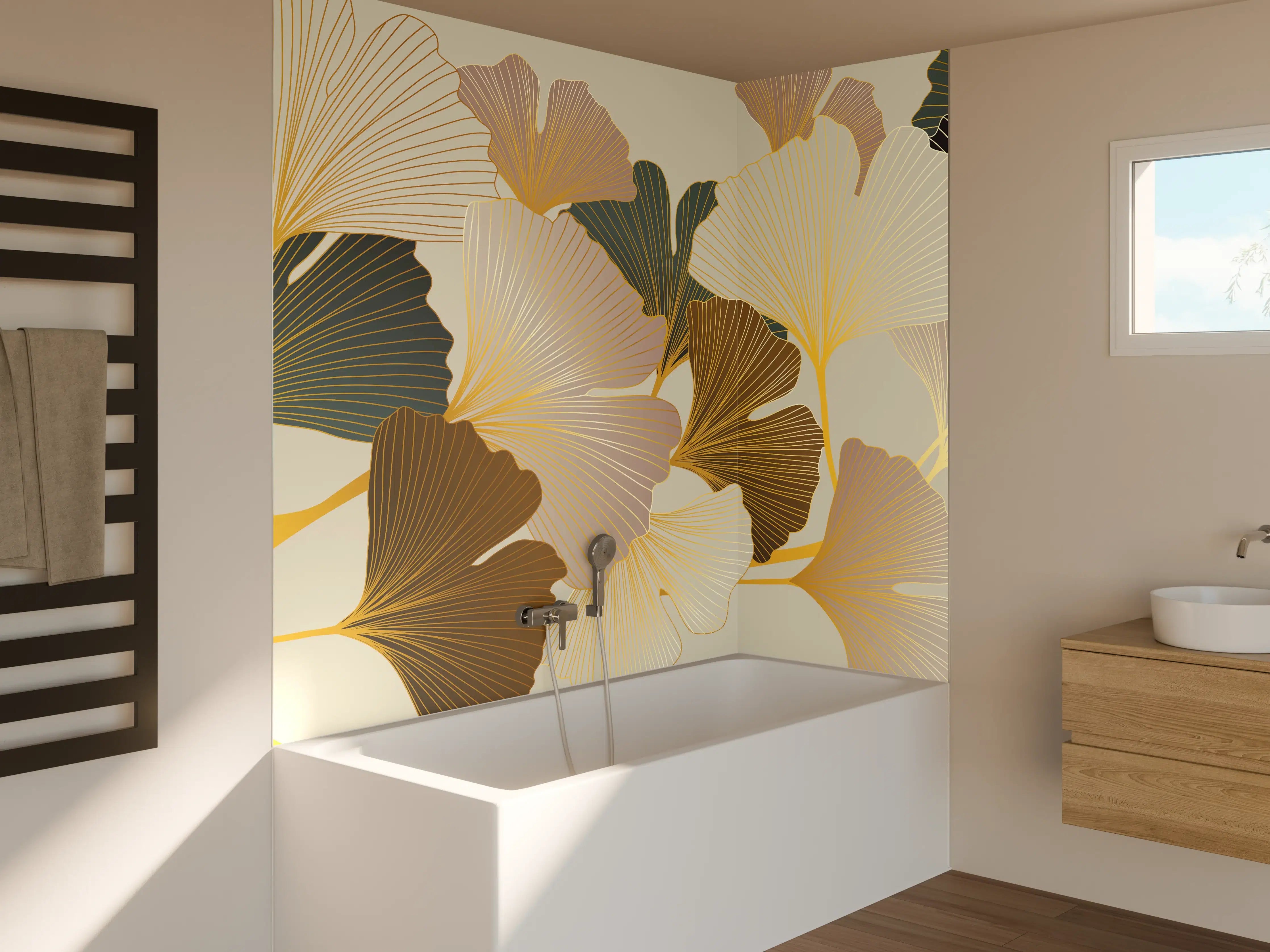 Badewannen-Rückwand - Ginkgo Blätter Design Beige