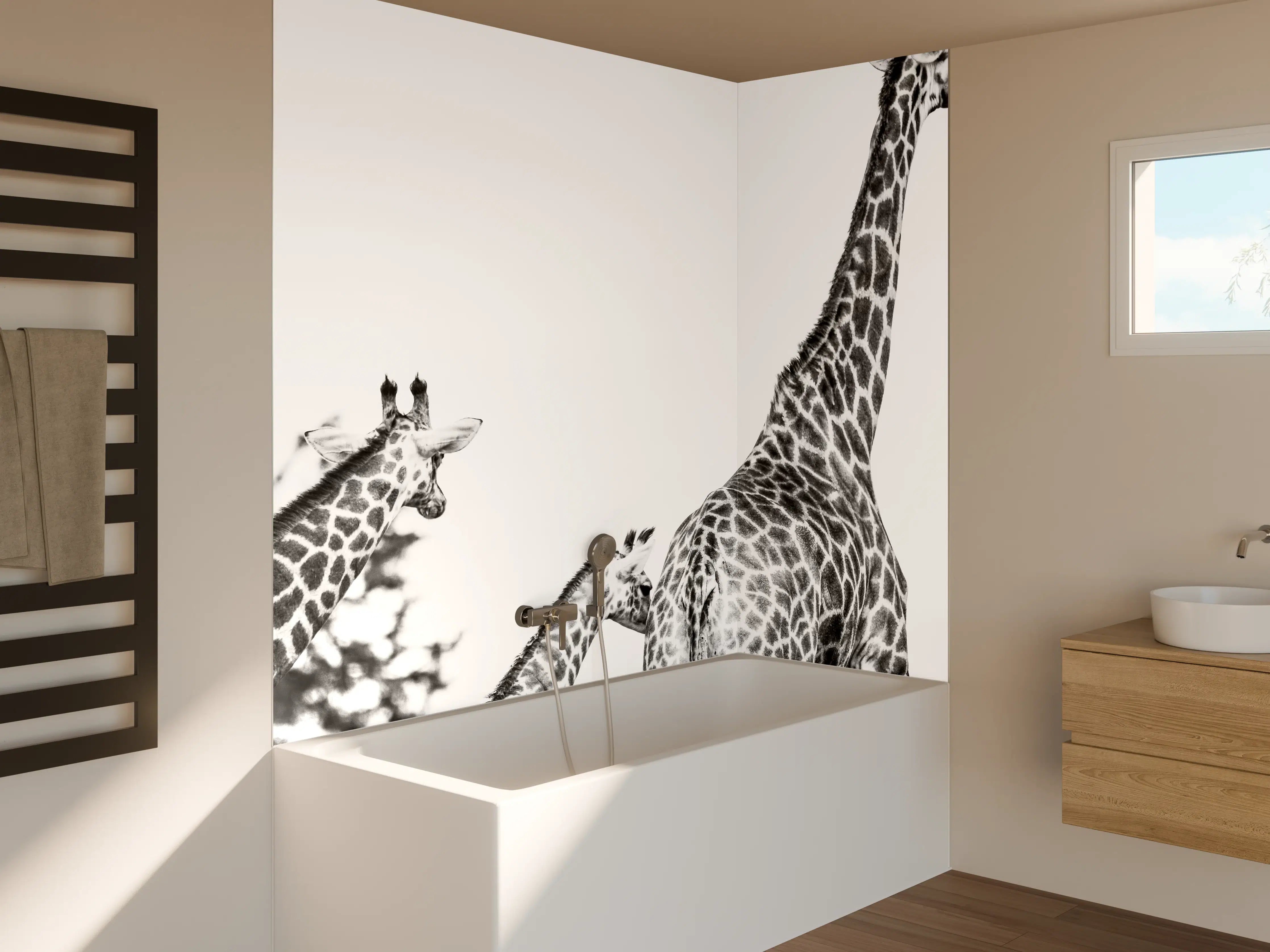 Badewannen-Rückwand - Giraffen Familie - schwarz-weiß