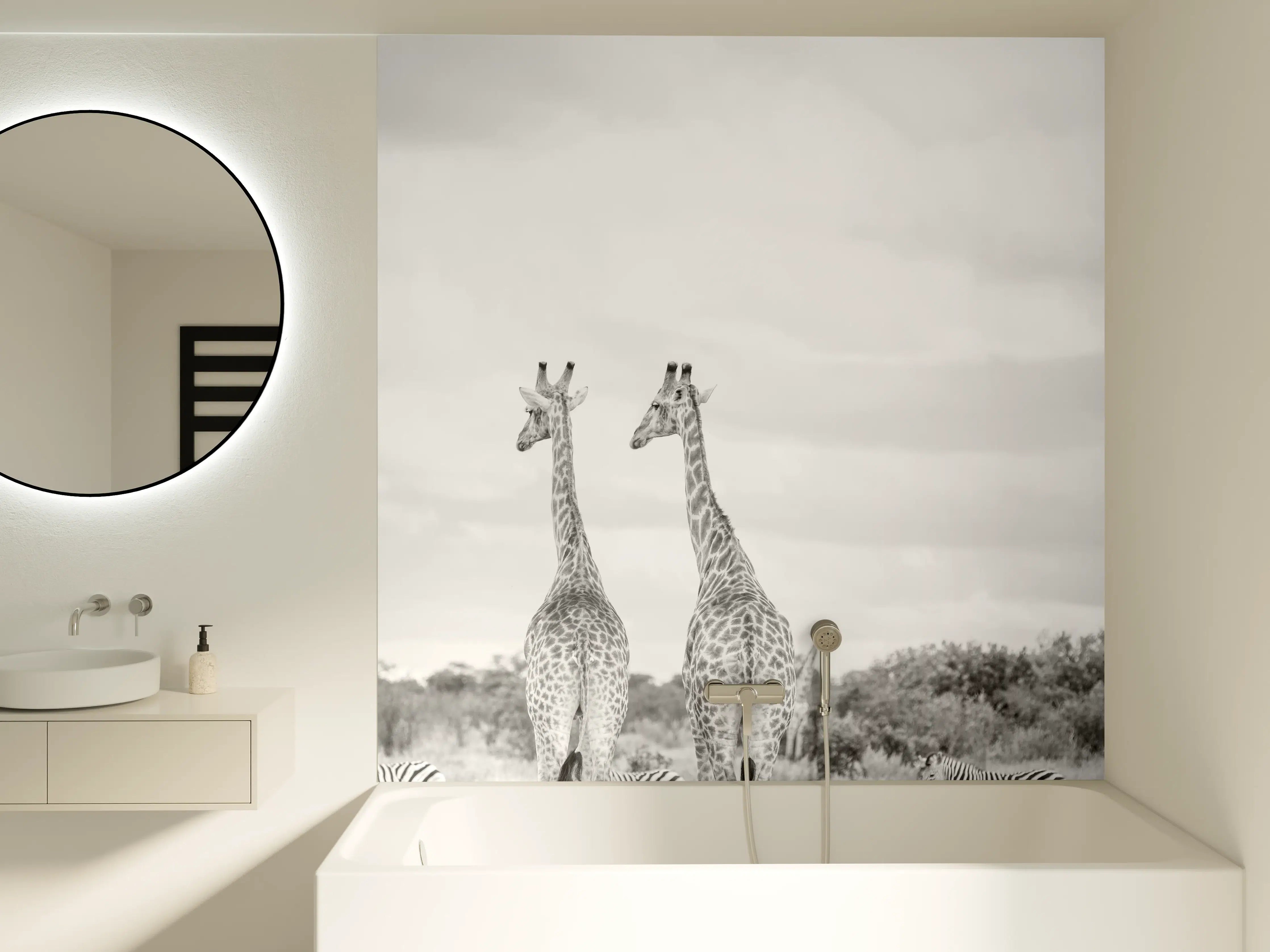 Badewannen-Rückwand - Giraffen und Zebras - schwarz-weiß