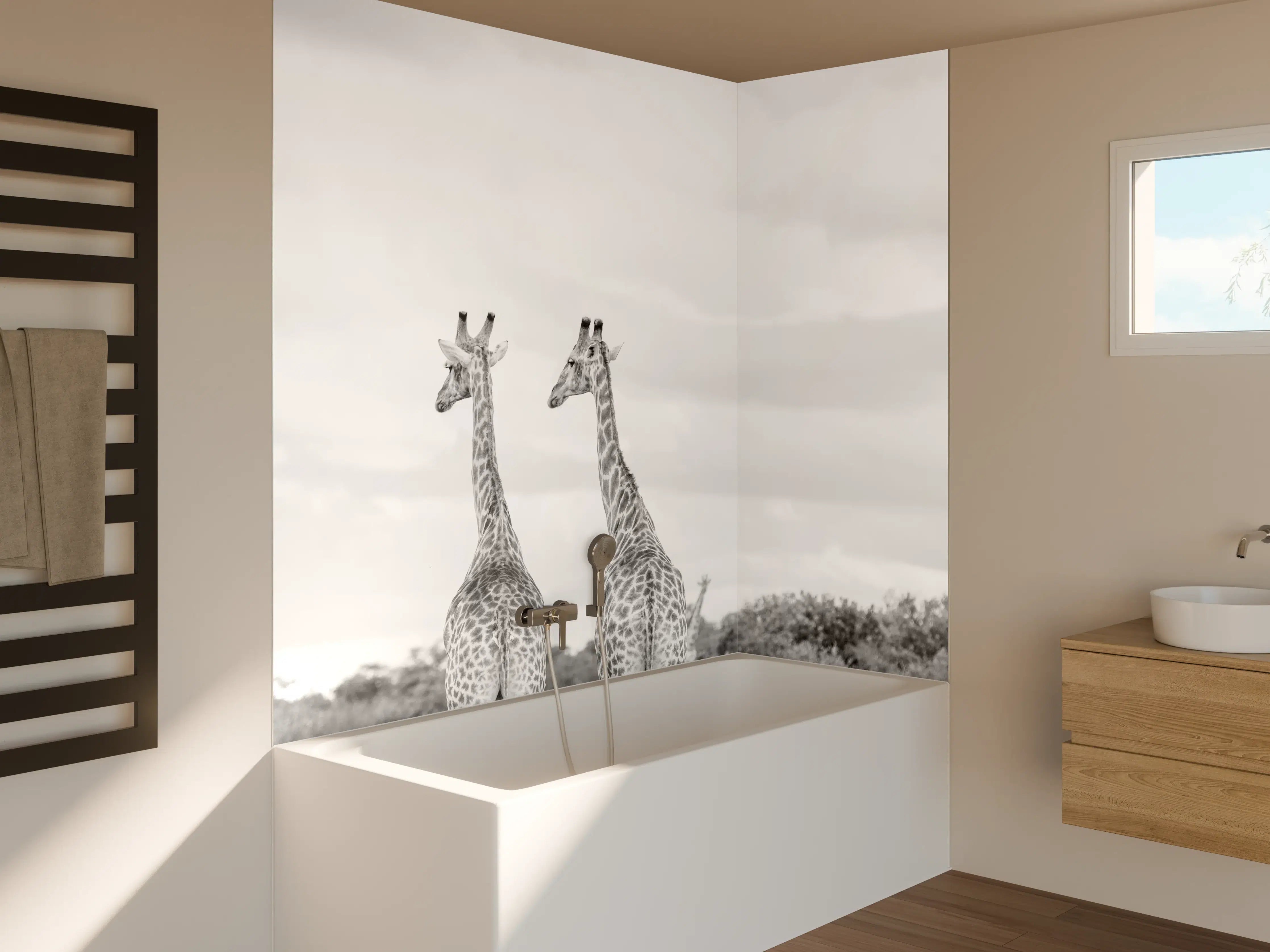 Badewannen-Rückwand - Giraffen und Zebras - schwarz-weiß