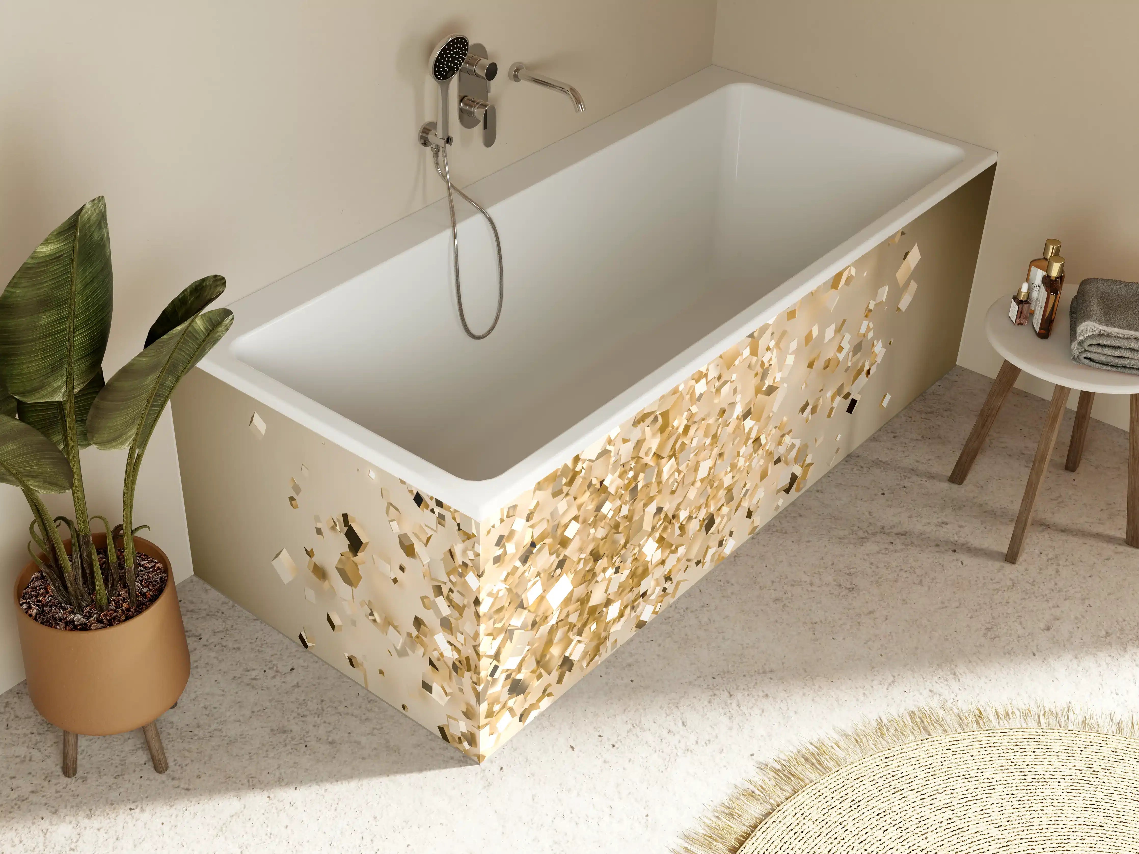 Badewannen-Rückwand - Glänzende Goldwürfel 3D