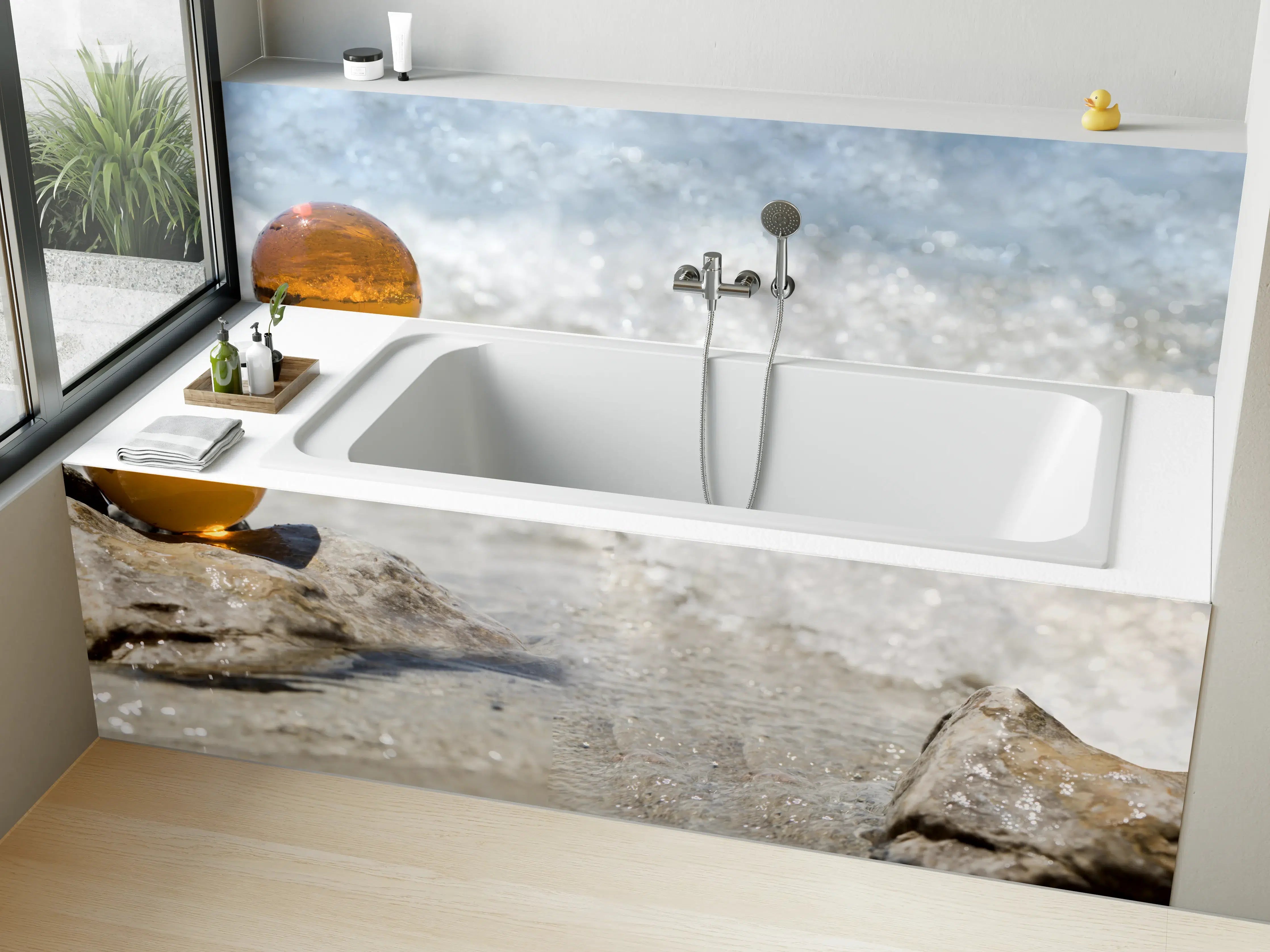 Badewannen-Rückwand - Glaskugel am Strand