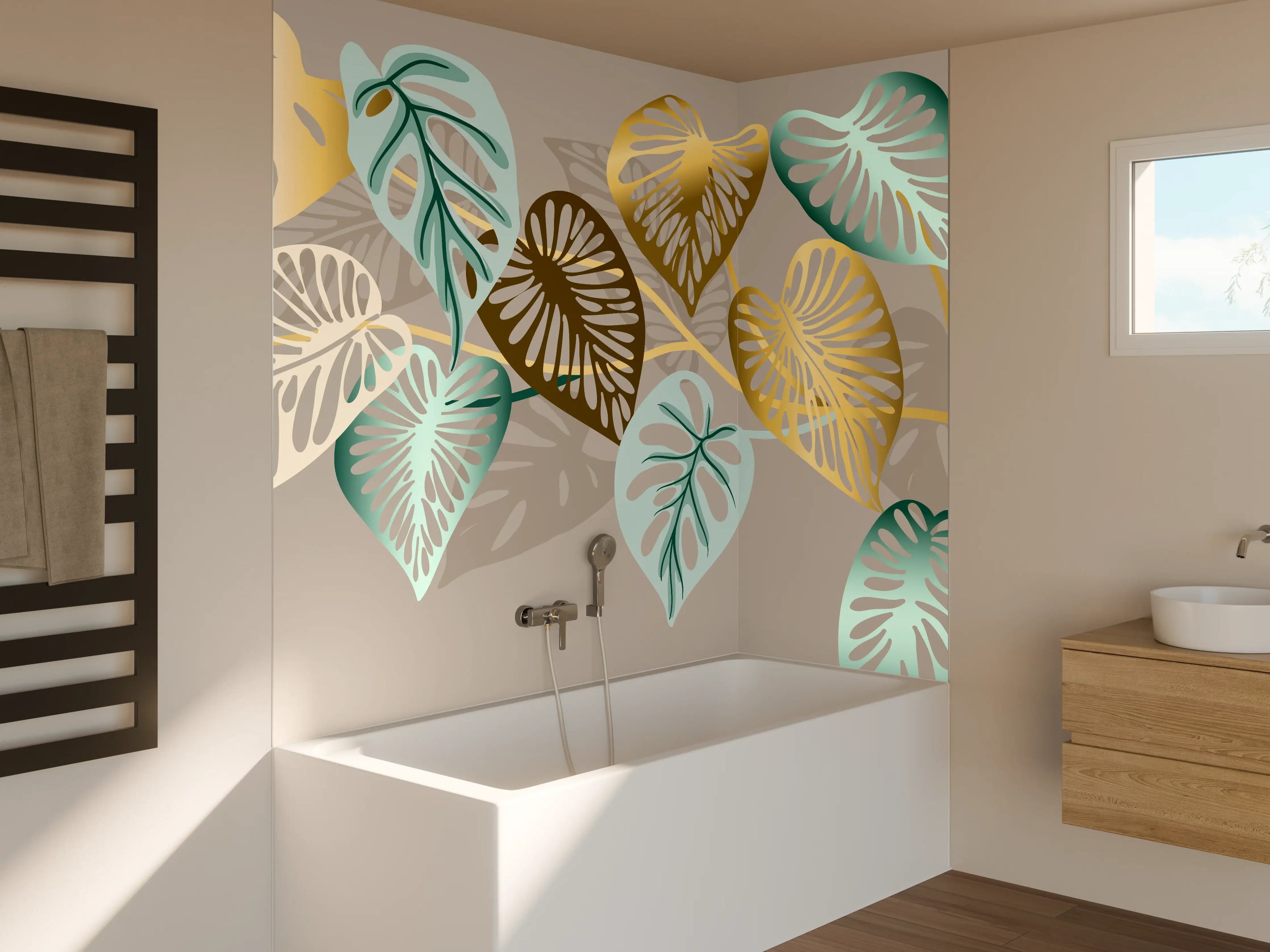 Badewannen-Rückwand - Gold-Beige Blätter-Muster-Dekor