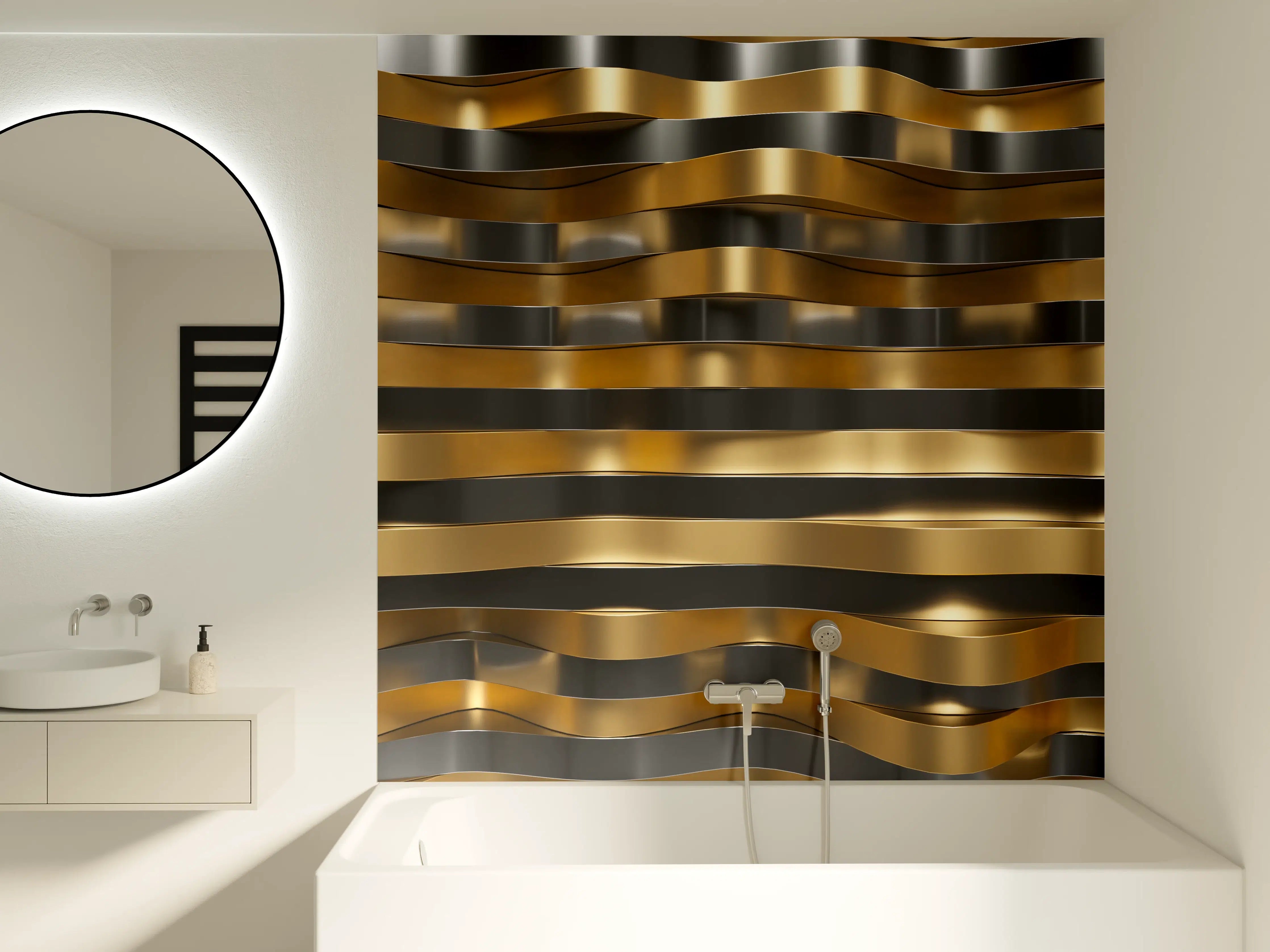 Badewannen-Rückwand - Gold-Schwarz-Wellenmuster mit metallic Glanz