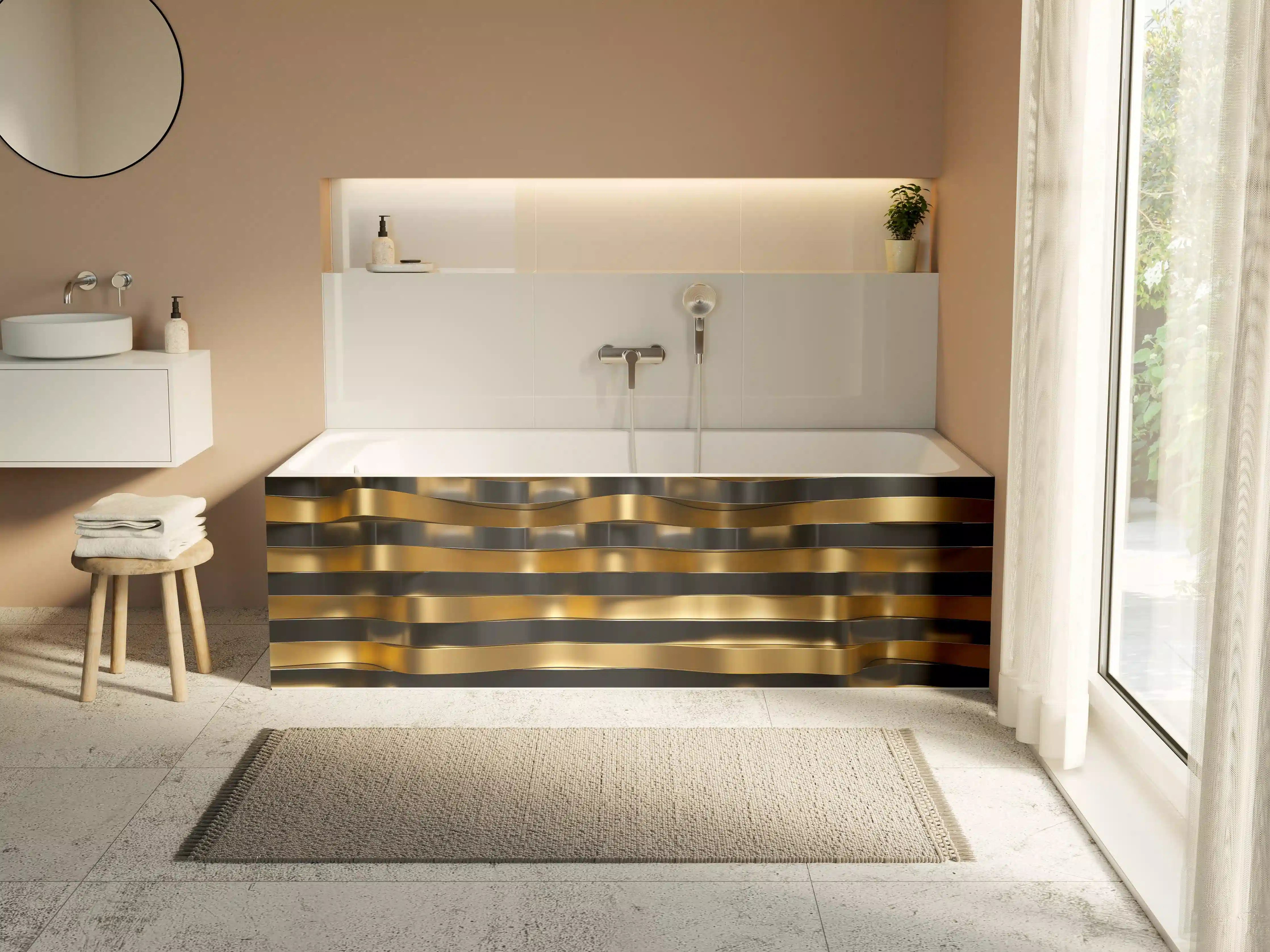 Badewannen-Rückwand - Gold-Schwarz-Wellenmuster mit metallic Glanz