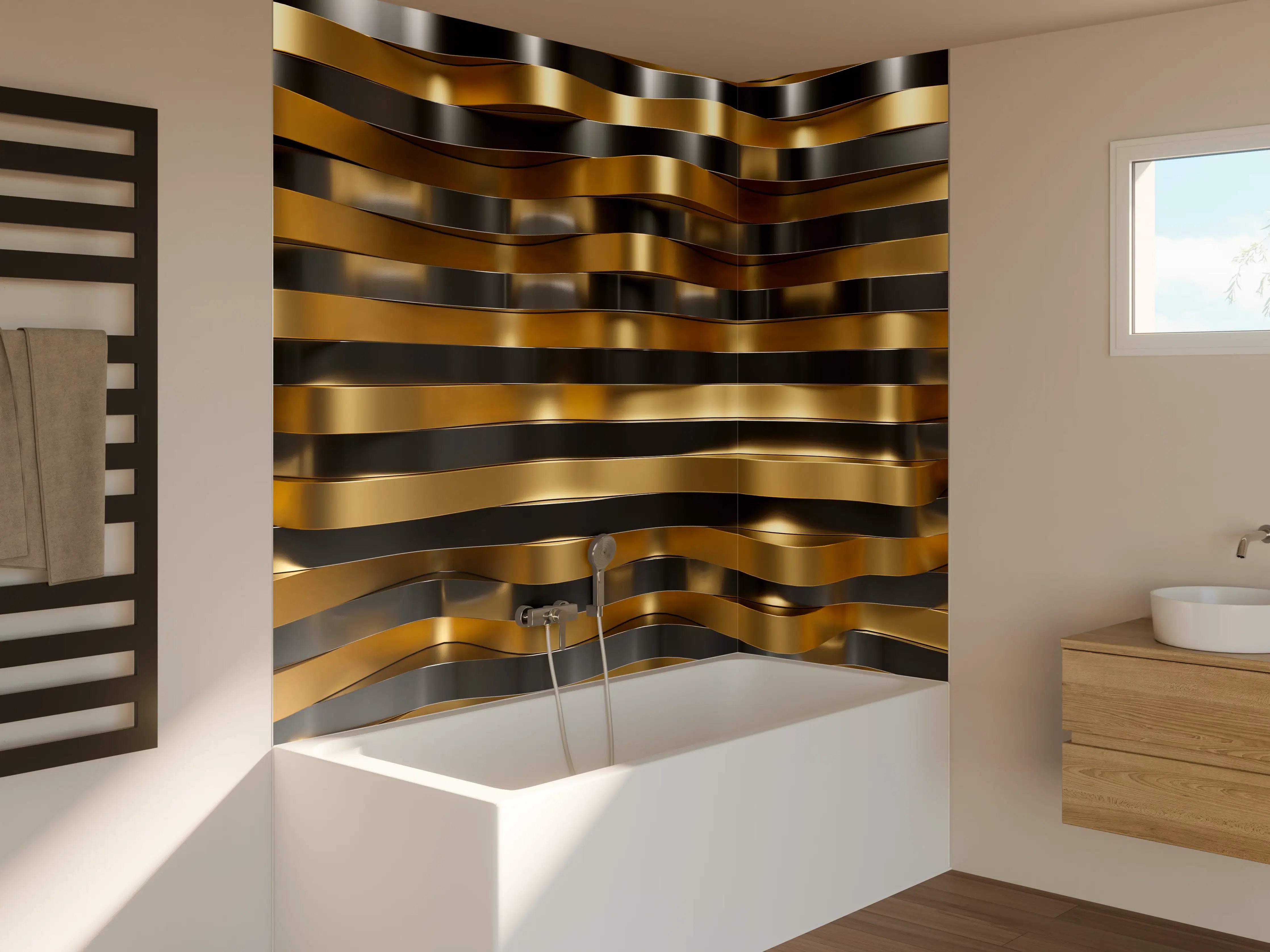 Badewannen-Rückwand - Gold-Schwarz-Wellenmuster mit metallic Glanz