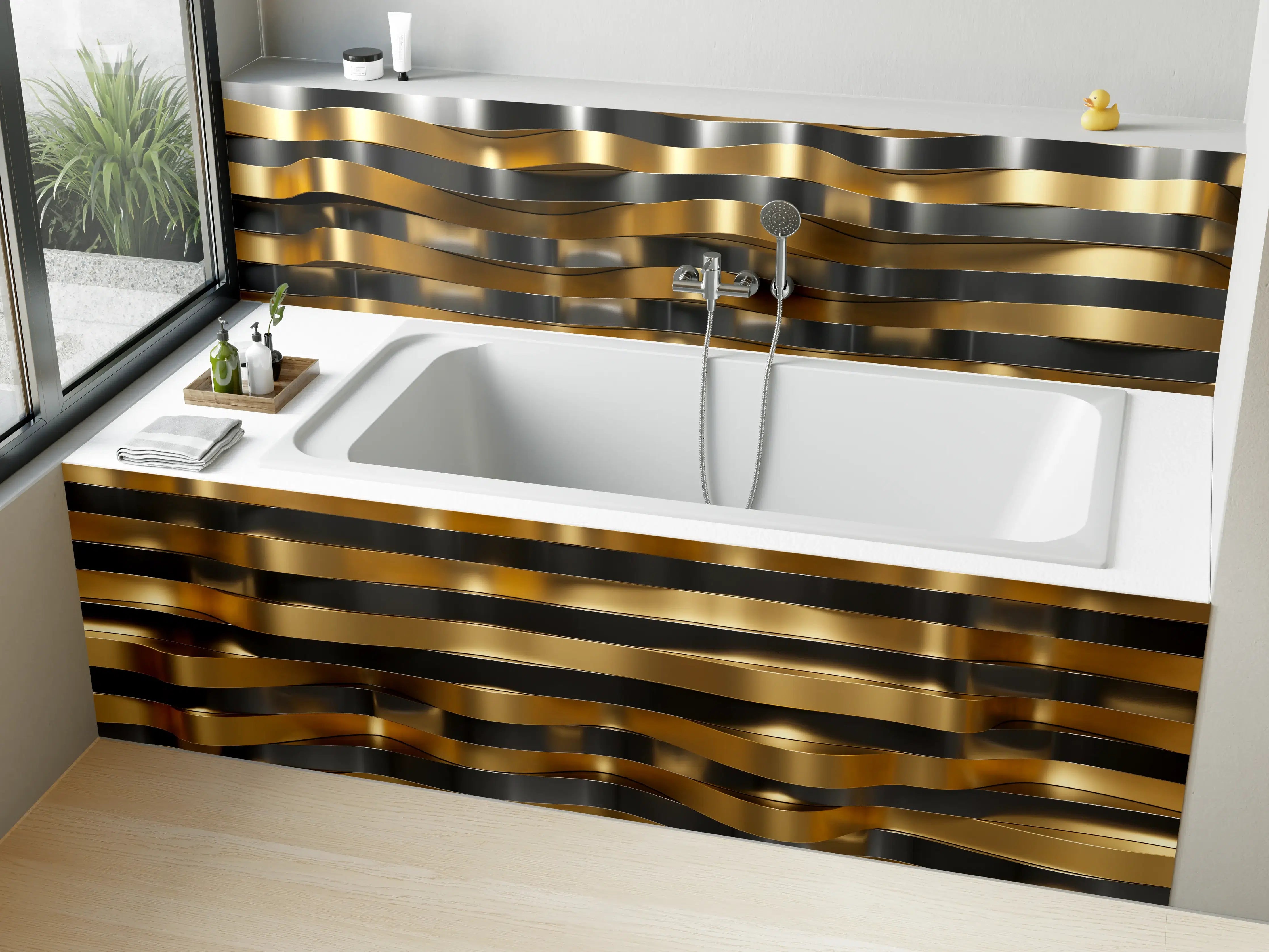 Badewannen-Rückwand - Gold-Schwarz-Wellenmuster mit metallic Glanz
