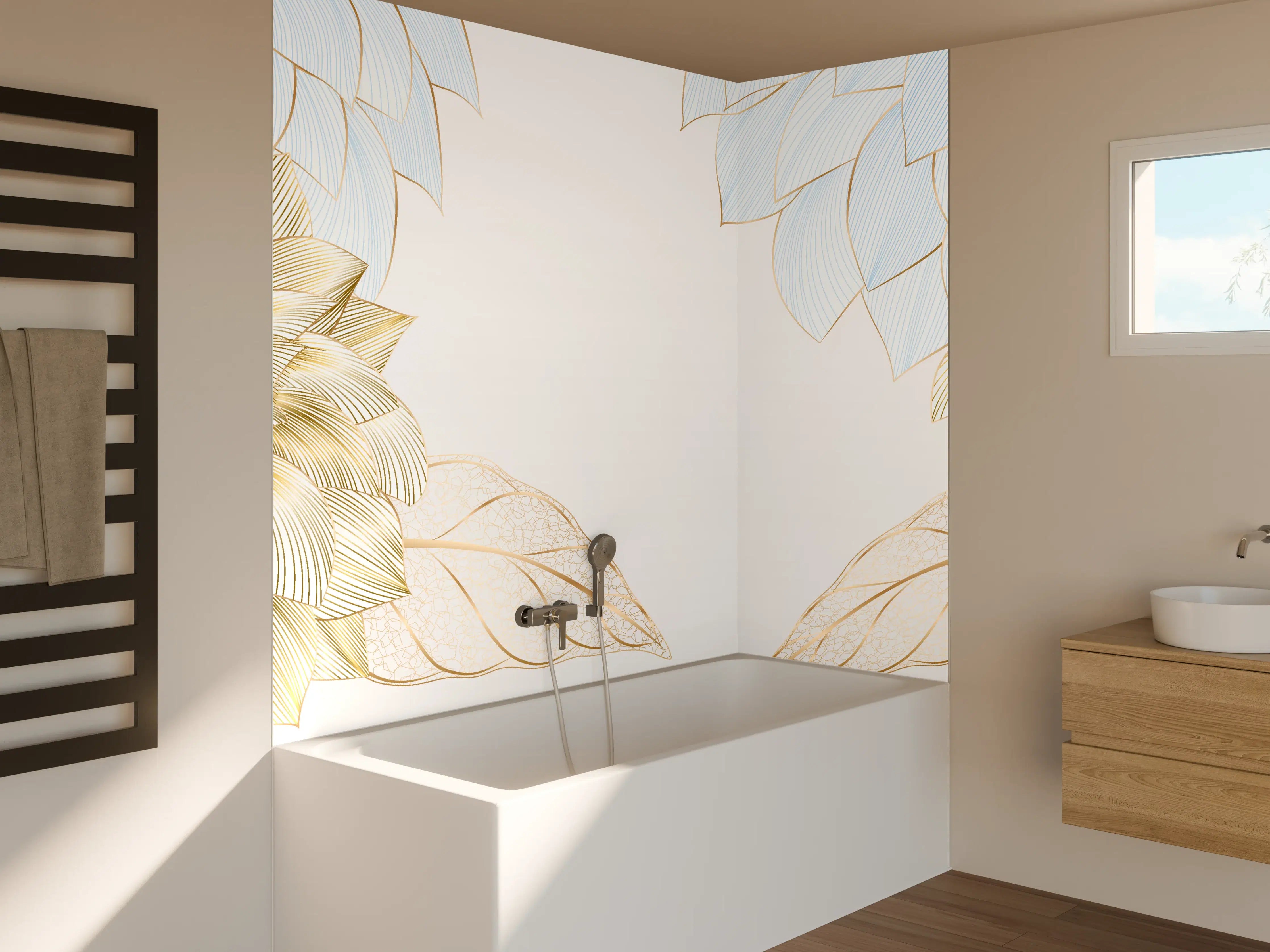 Badewannen-Rückwand - Gold-Weiß Floral Design