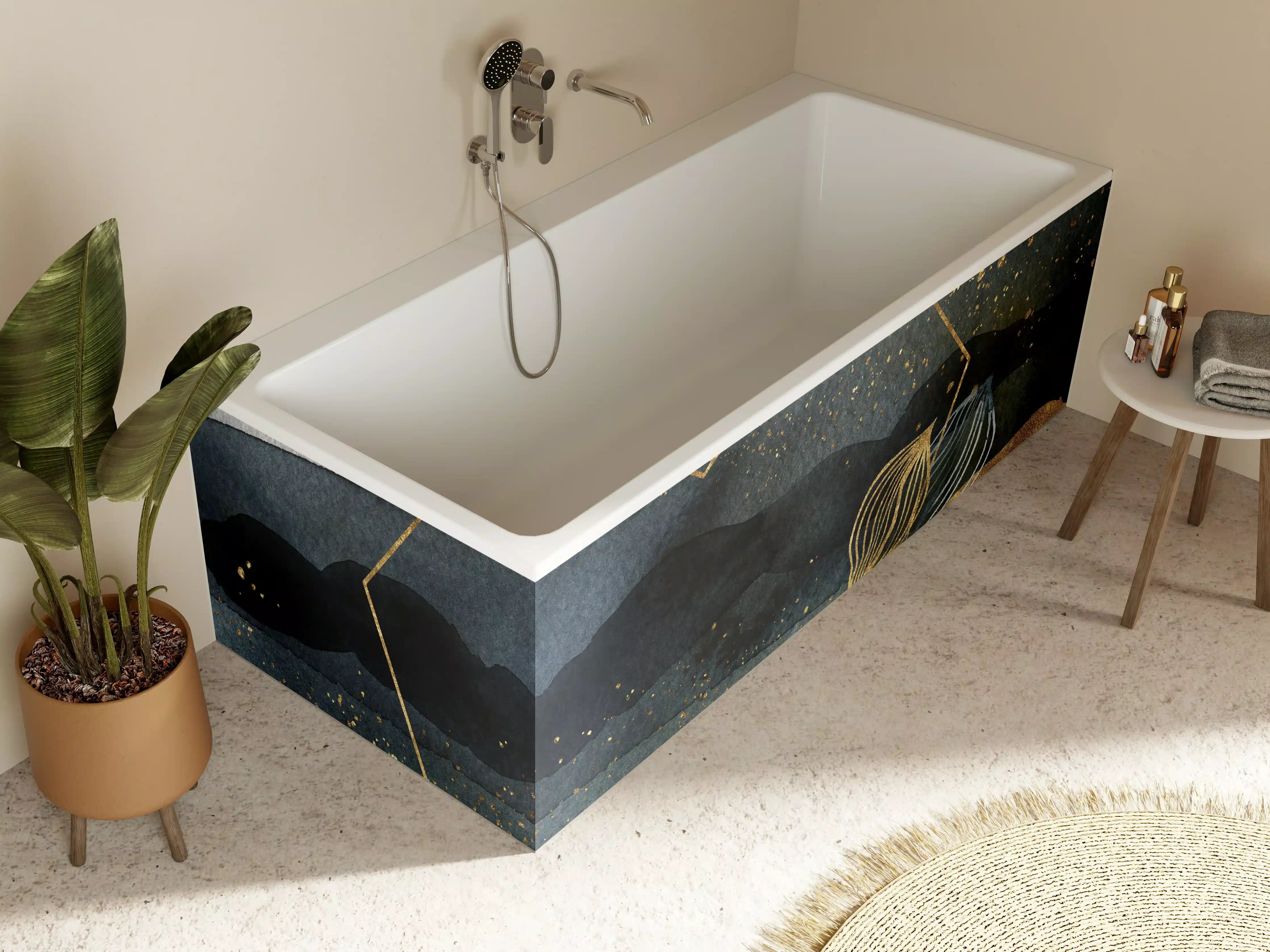 Badewannen-Rückwand - Goldene Akzente auf Wasser- und Naturmotiven