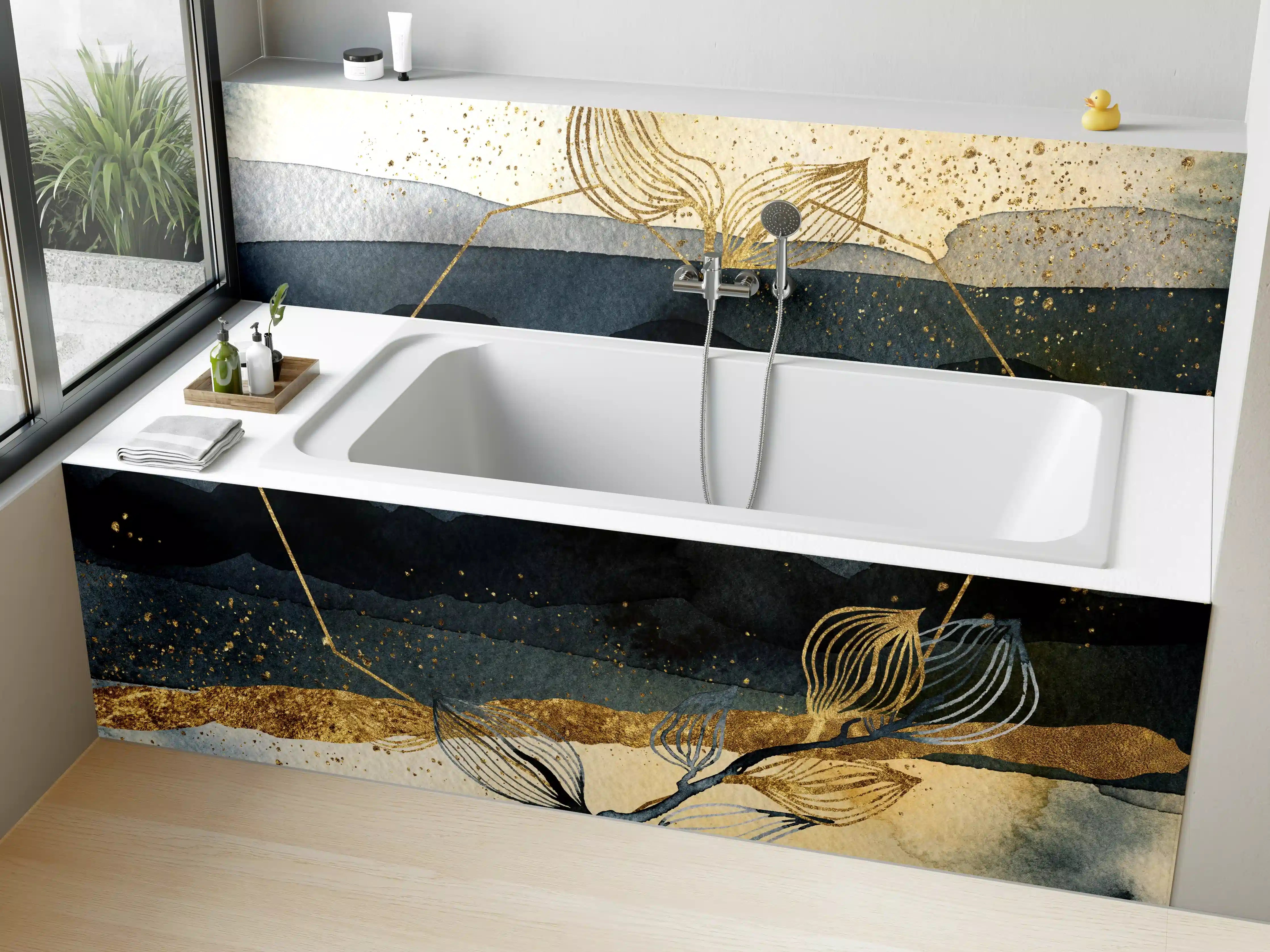 Badewannen-Rückwand - Goldene Akzente auf Wasser- und Naturmotiven