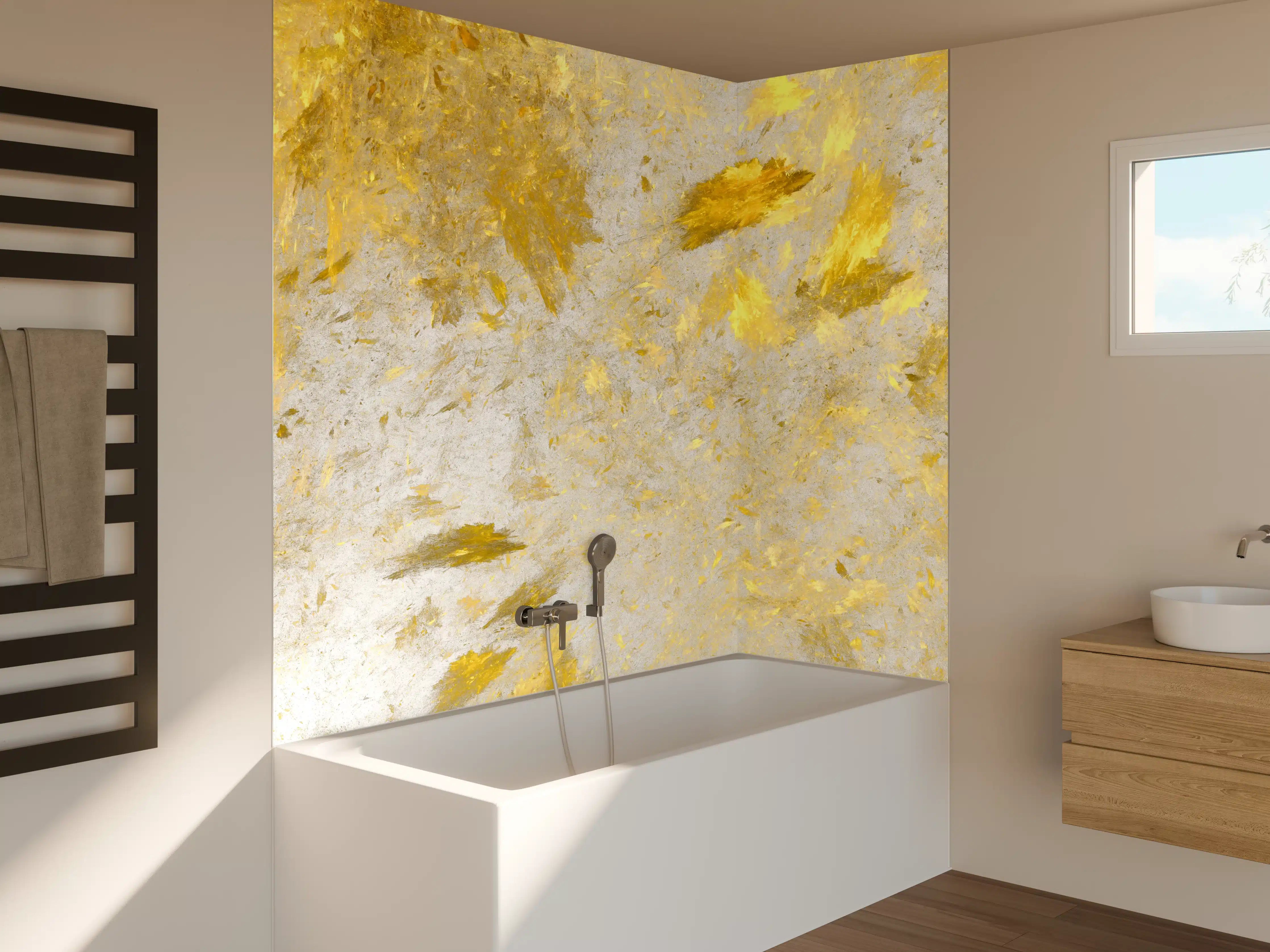 Badewannen-Rückwand - Goldene Akzente auf cremigem Hintergrund
