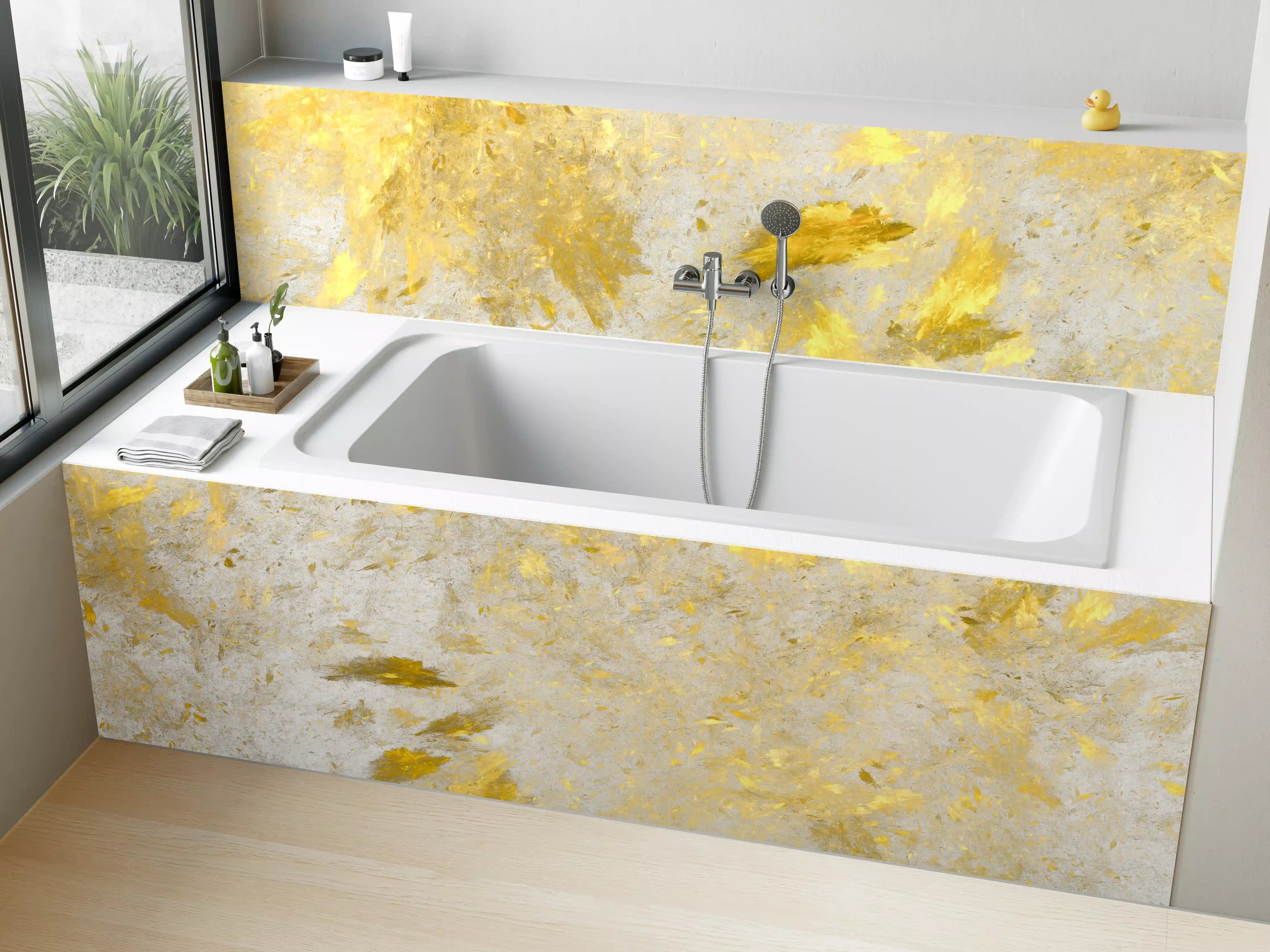 Badewannen-Rückwand - Goldene Akzente auf cremigem Hintergrund