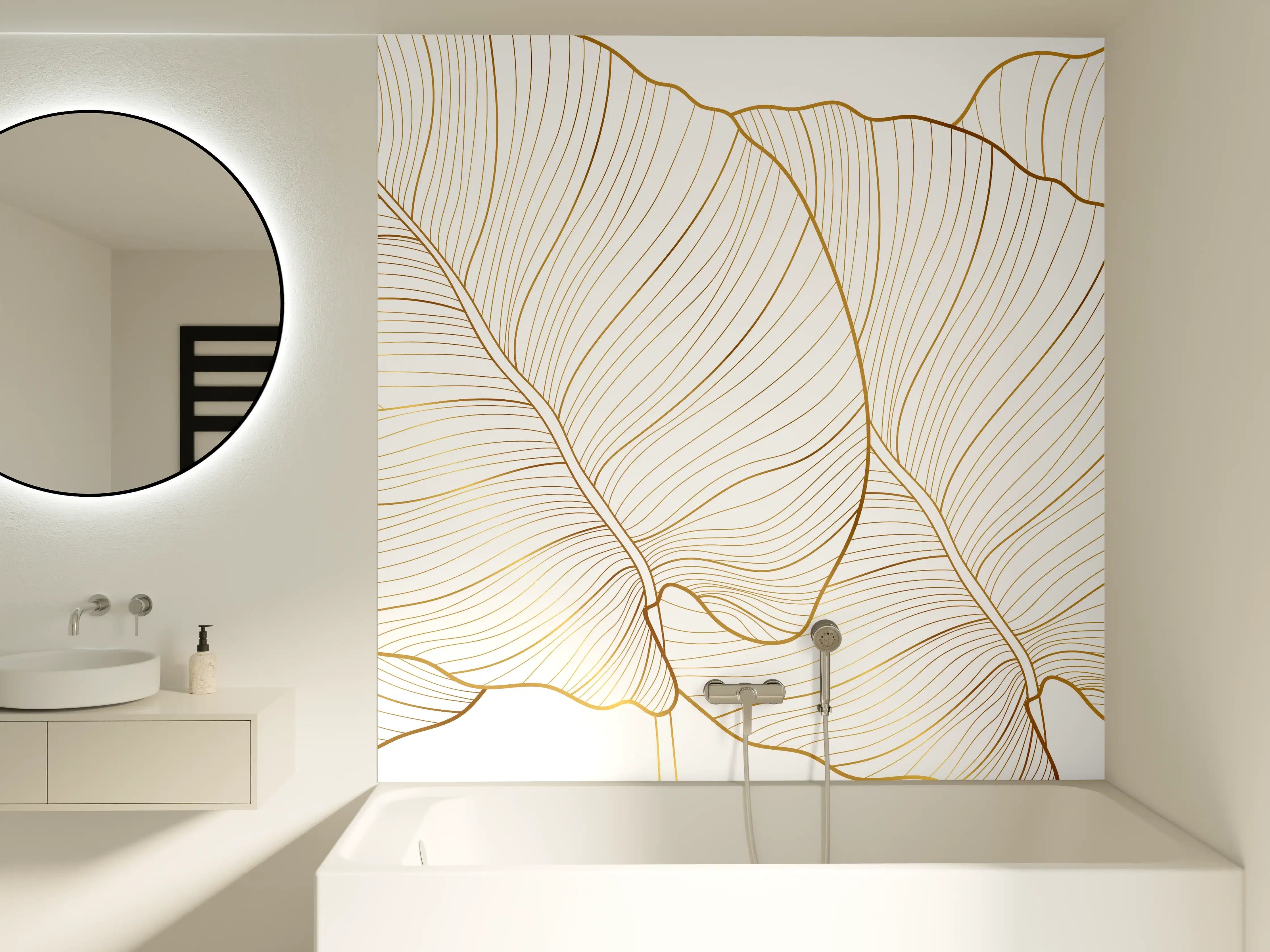 Badewannen-Rückwand - Goldene Blattstruktur auf Weiß