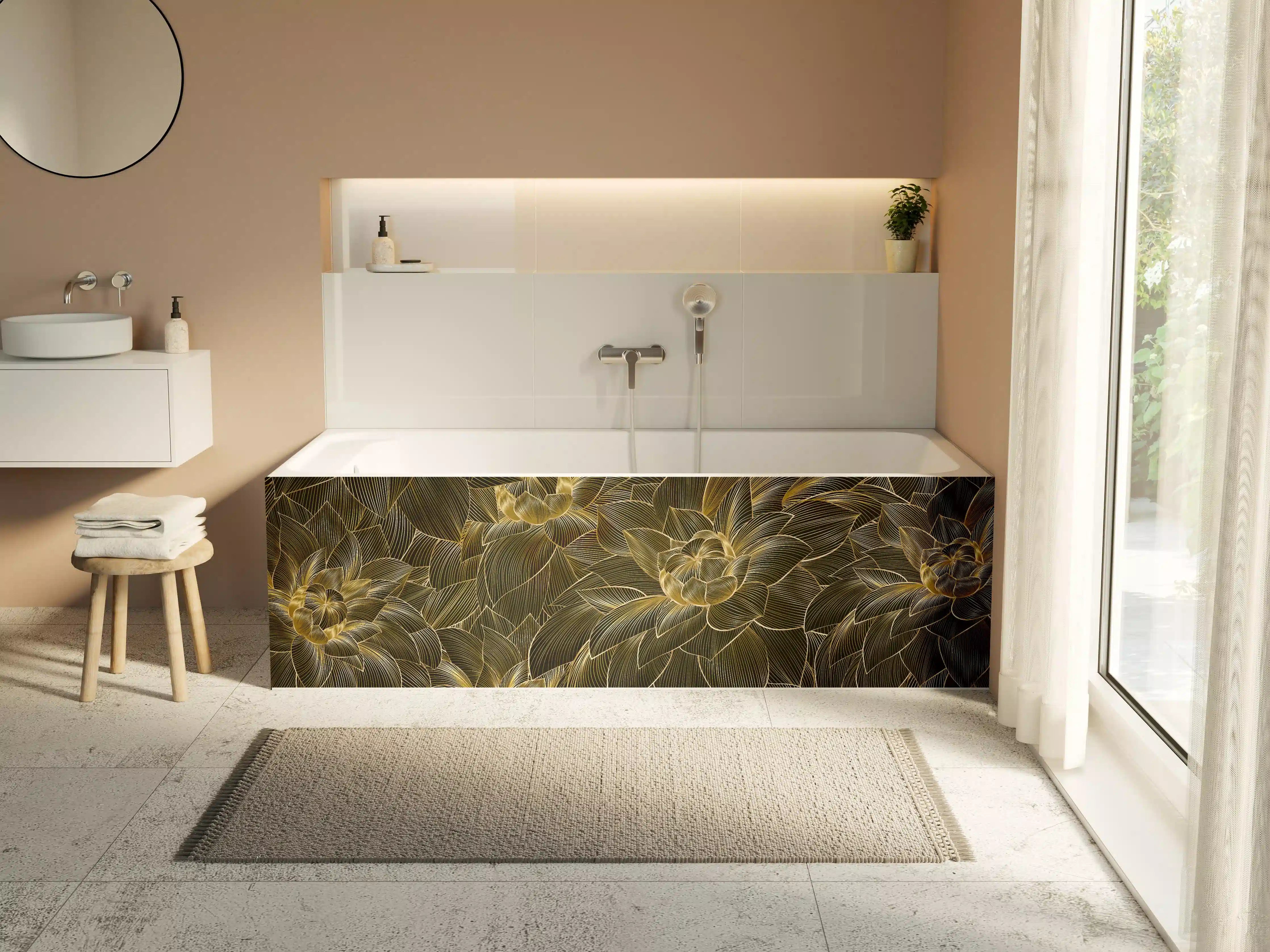 Badewannen-Rückwand - Goldene Blütenmuster Tapete