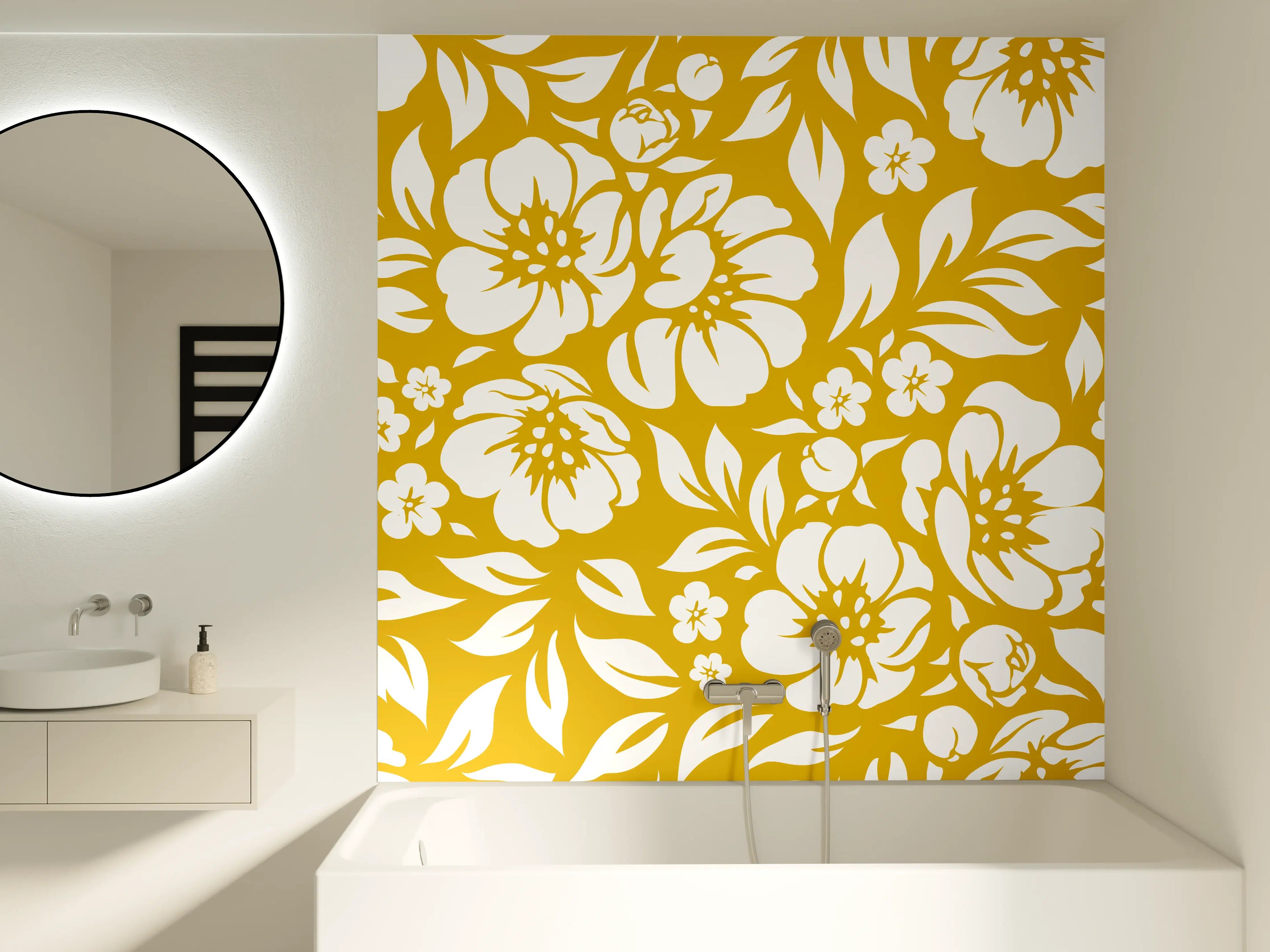 Badewannen-Rückwand - Goldene Blumendekoration mit floralem Muster