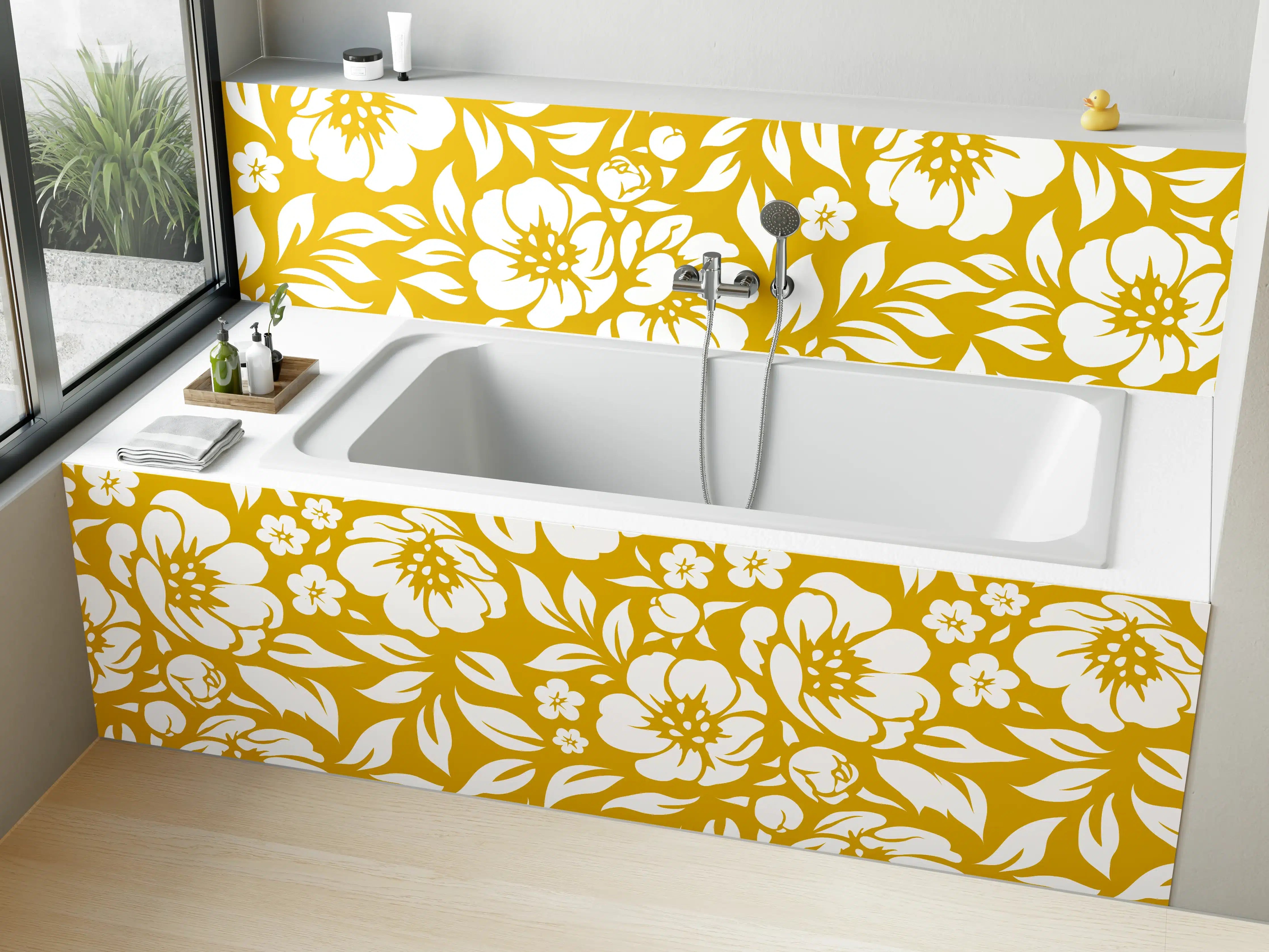 Badewannen-Rückwand - Goldene Blumendekoration mit floralem Muster