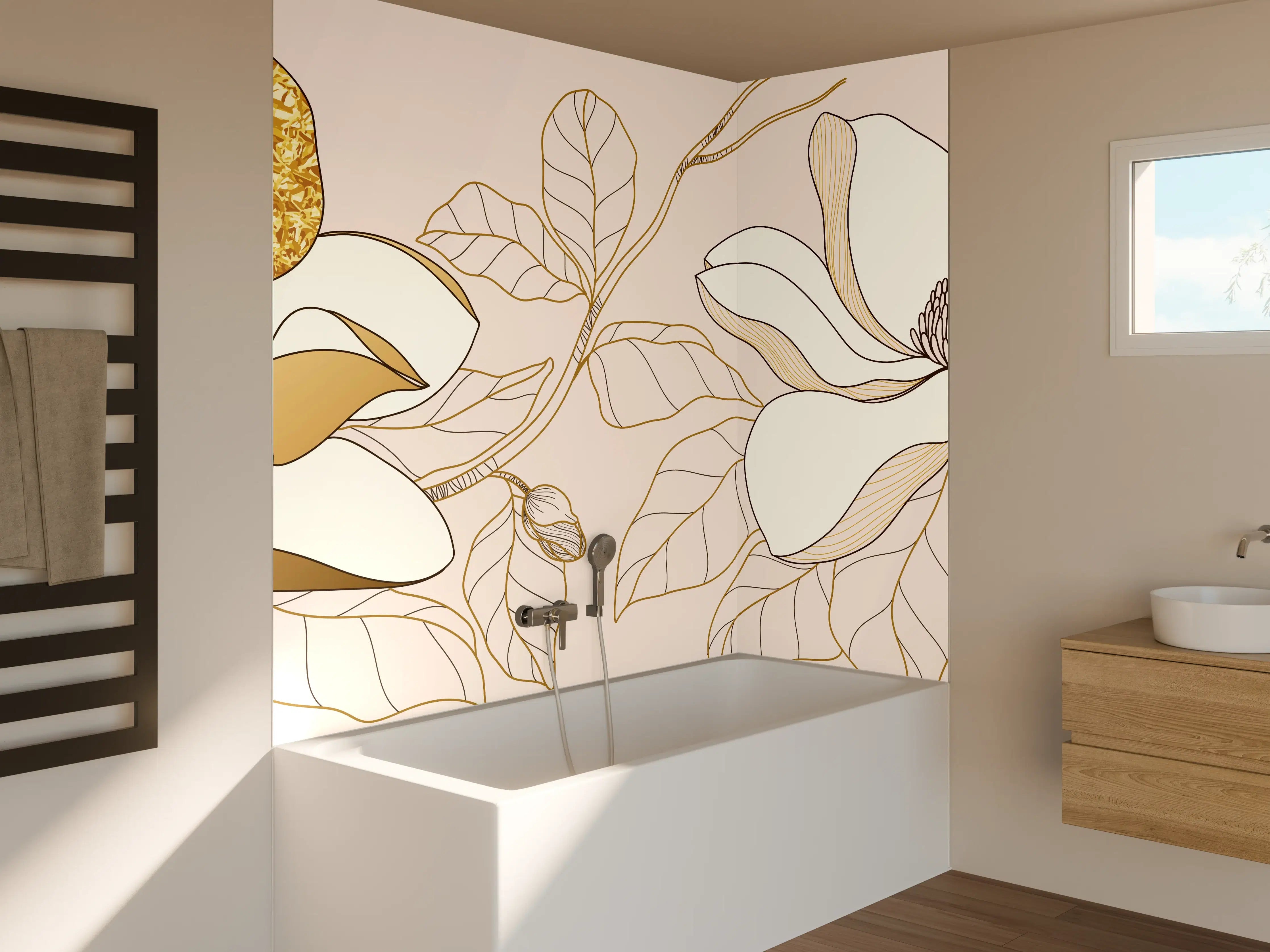 Badewannen-Rückwand - Goldene Blumenmuster Illustration