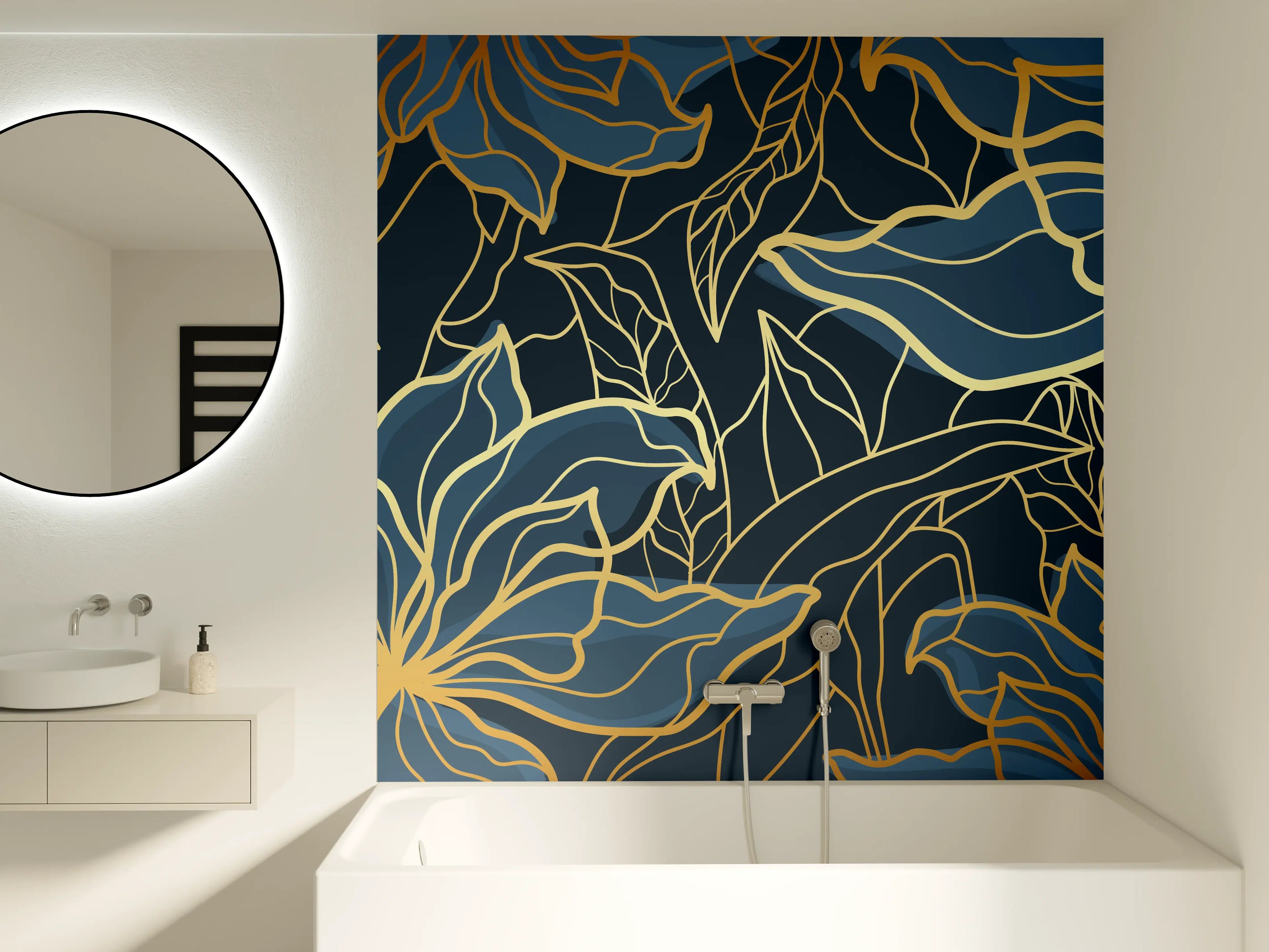 Badewannen-Rückwand - Goldene Blumenranken auf Dunkelblau