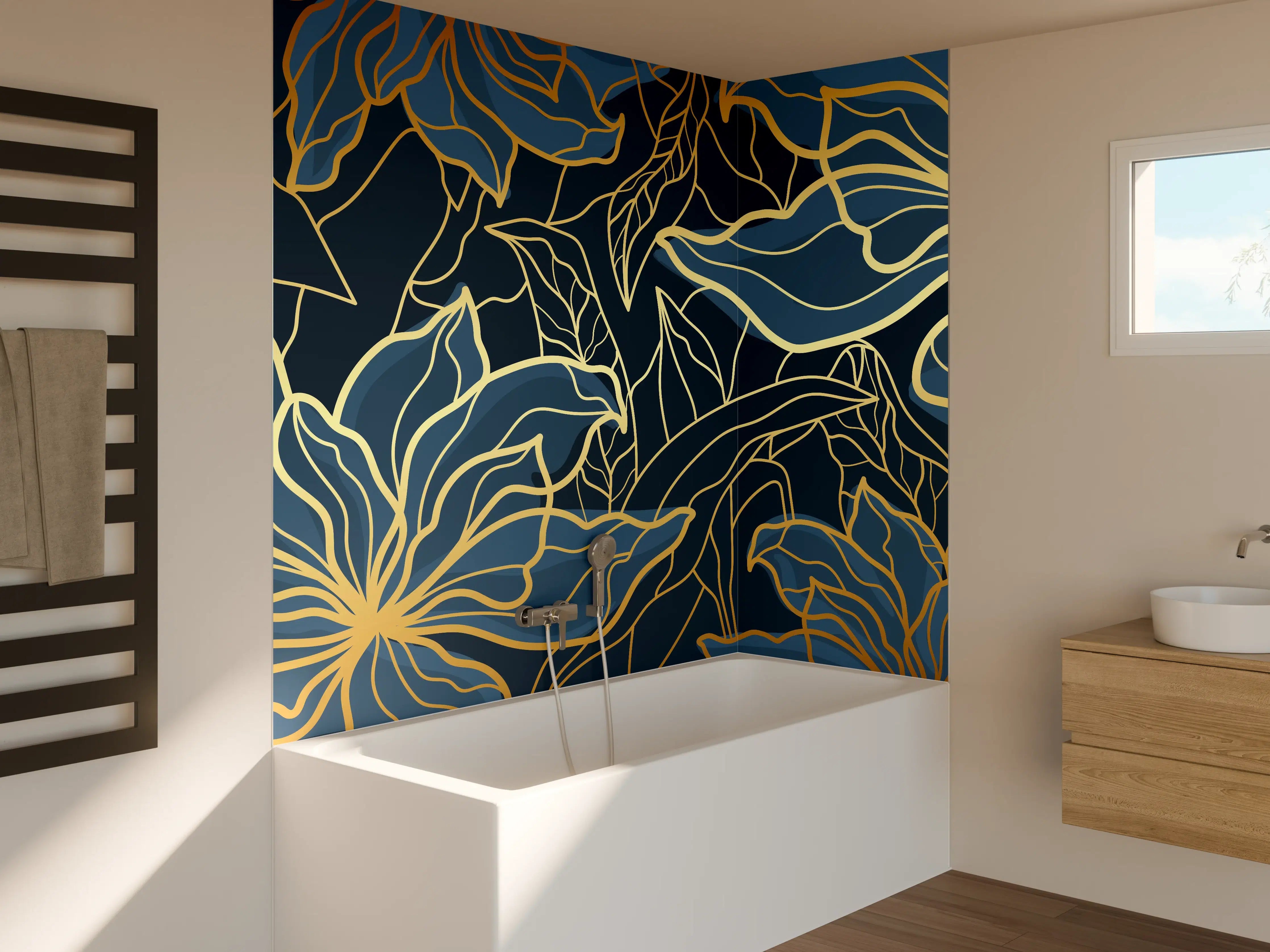 Badewannen-Rückwand - Goldene Blumenranken auf Dunkelblau