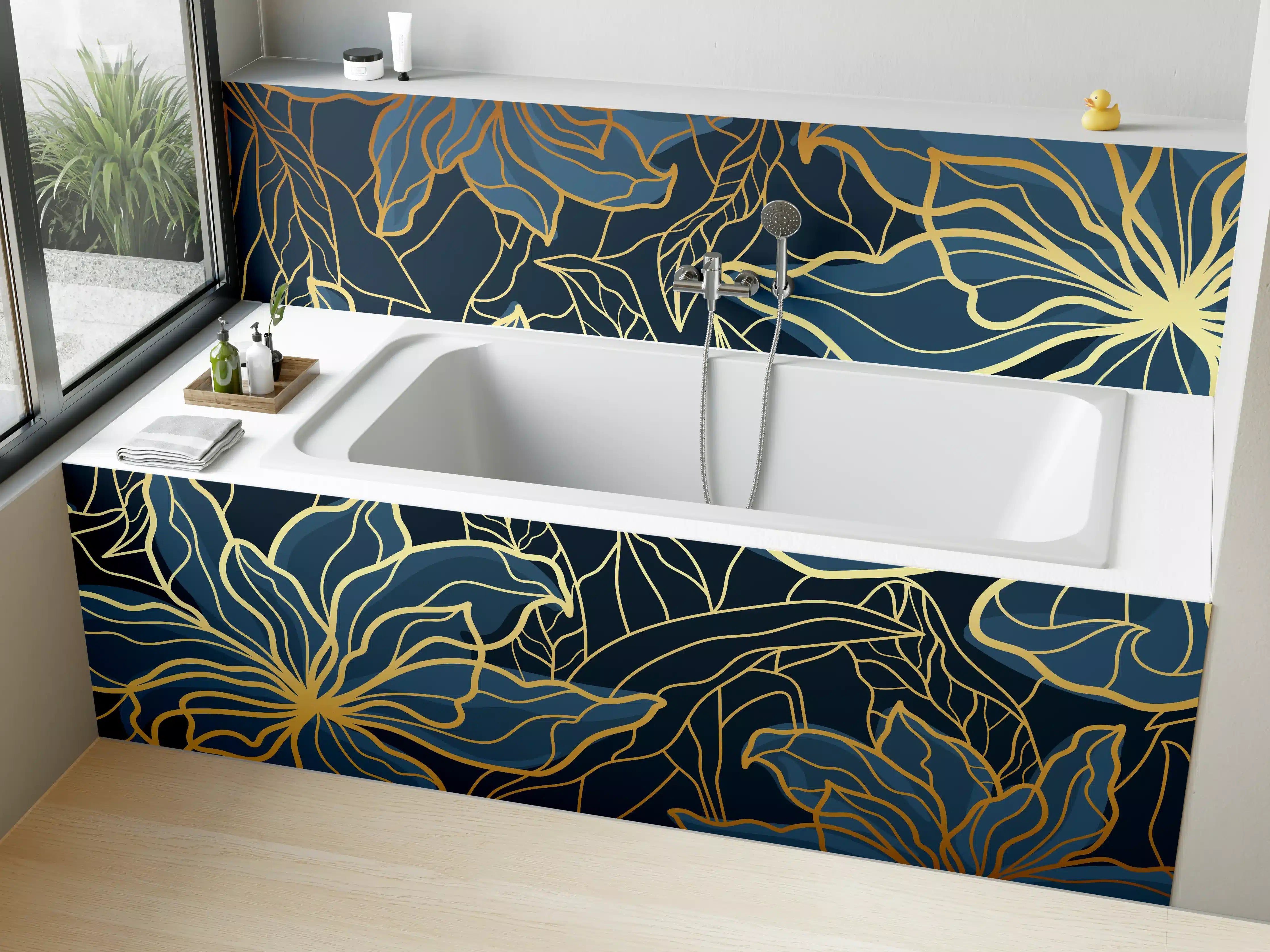 Badewannen-Rückwand - Goldene Blumenranken auf Dunkelblau