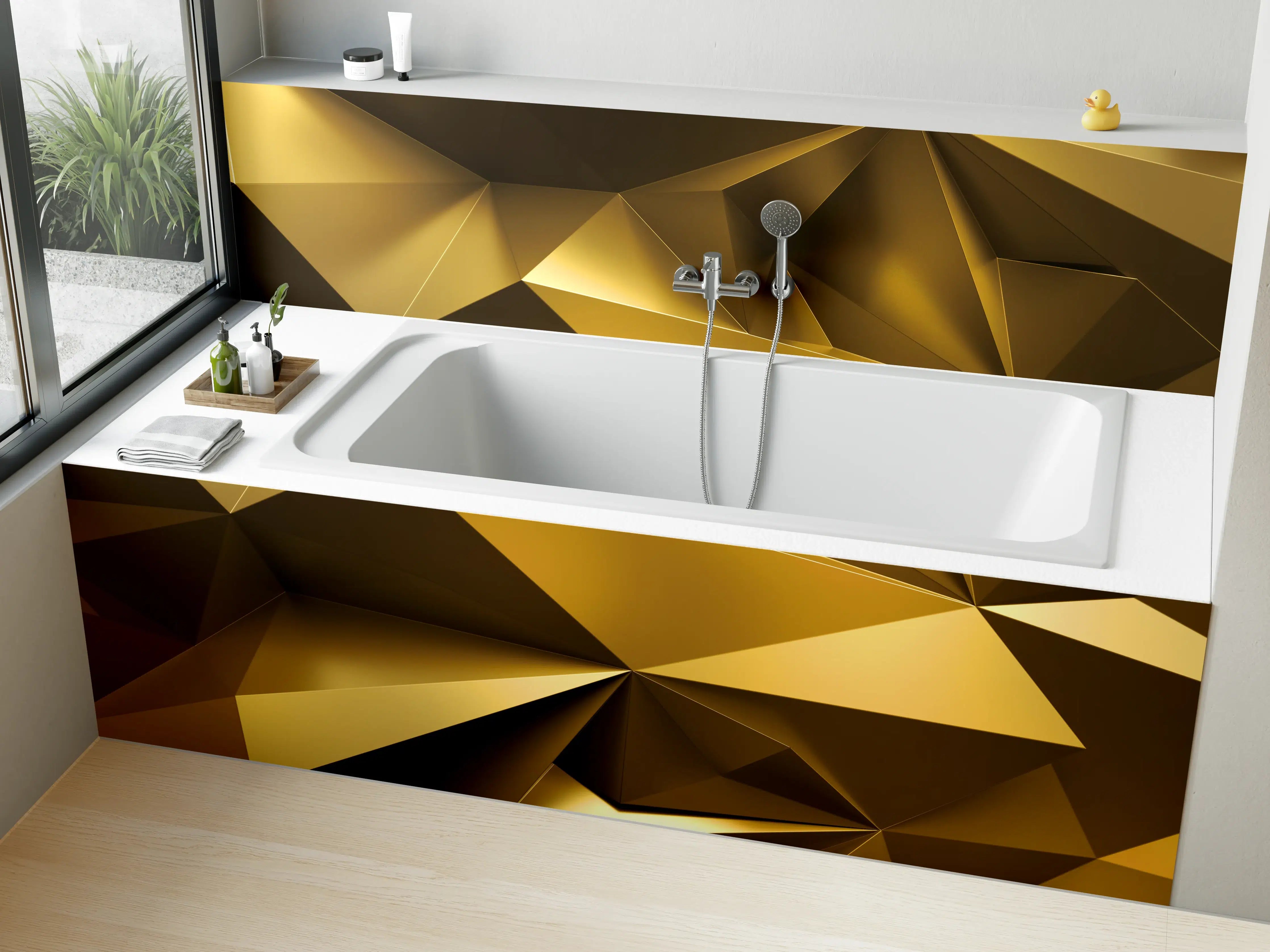 Badewannen-Rückwand - Goldene Kristall Polygon Tapete