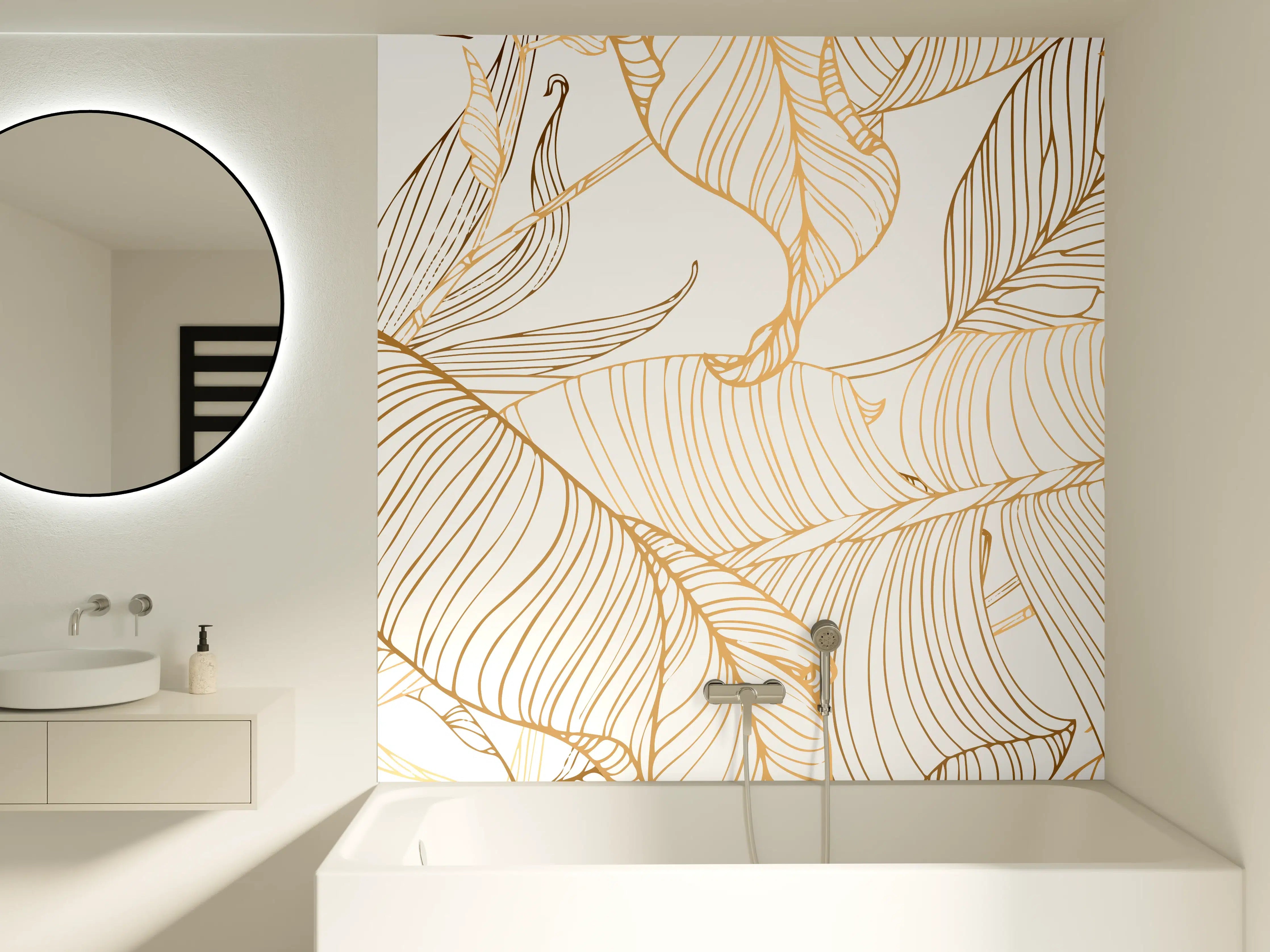Badewannen-Rückwand - Goldene Lineart Blattmuster Kunst