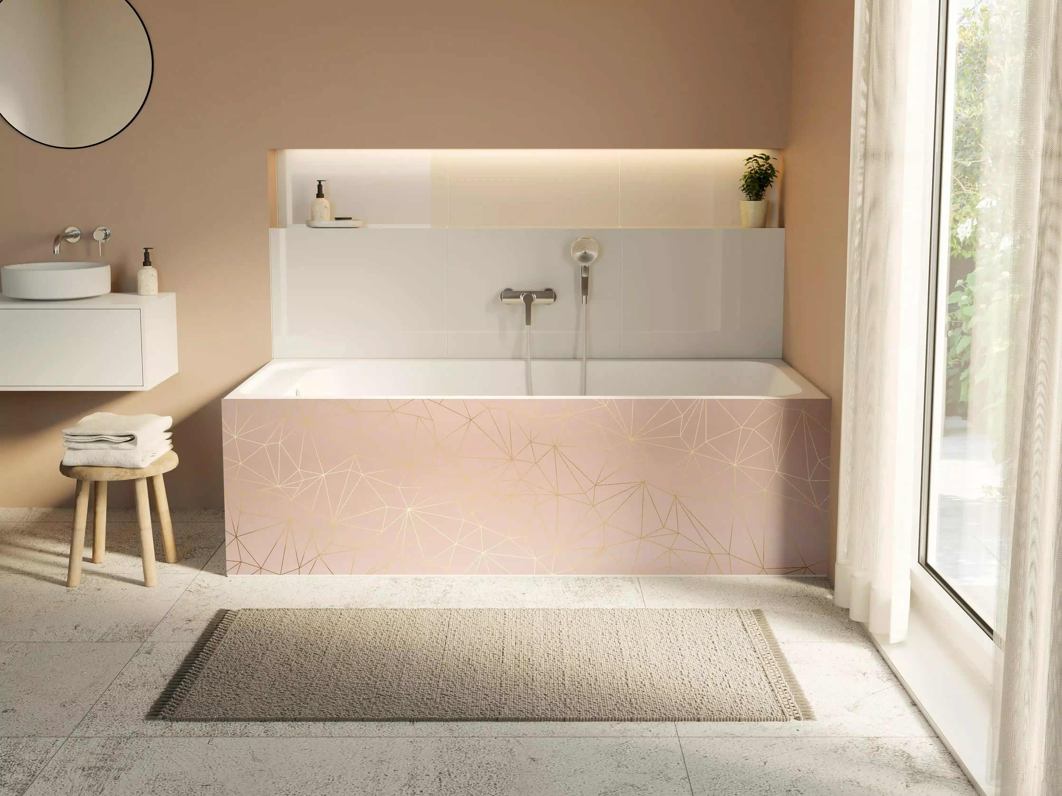 Badewannen-Rückwand - Goldene Linien auf Beige Hintergrund
