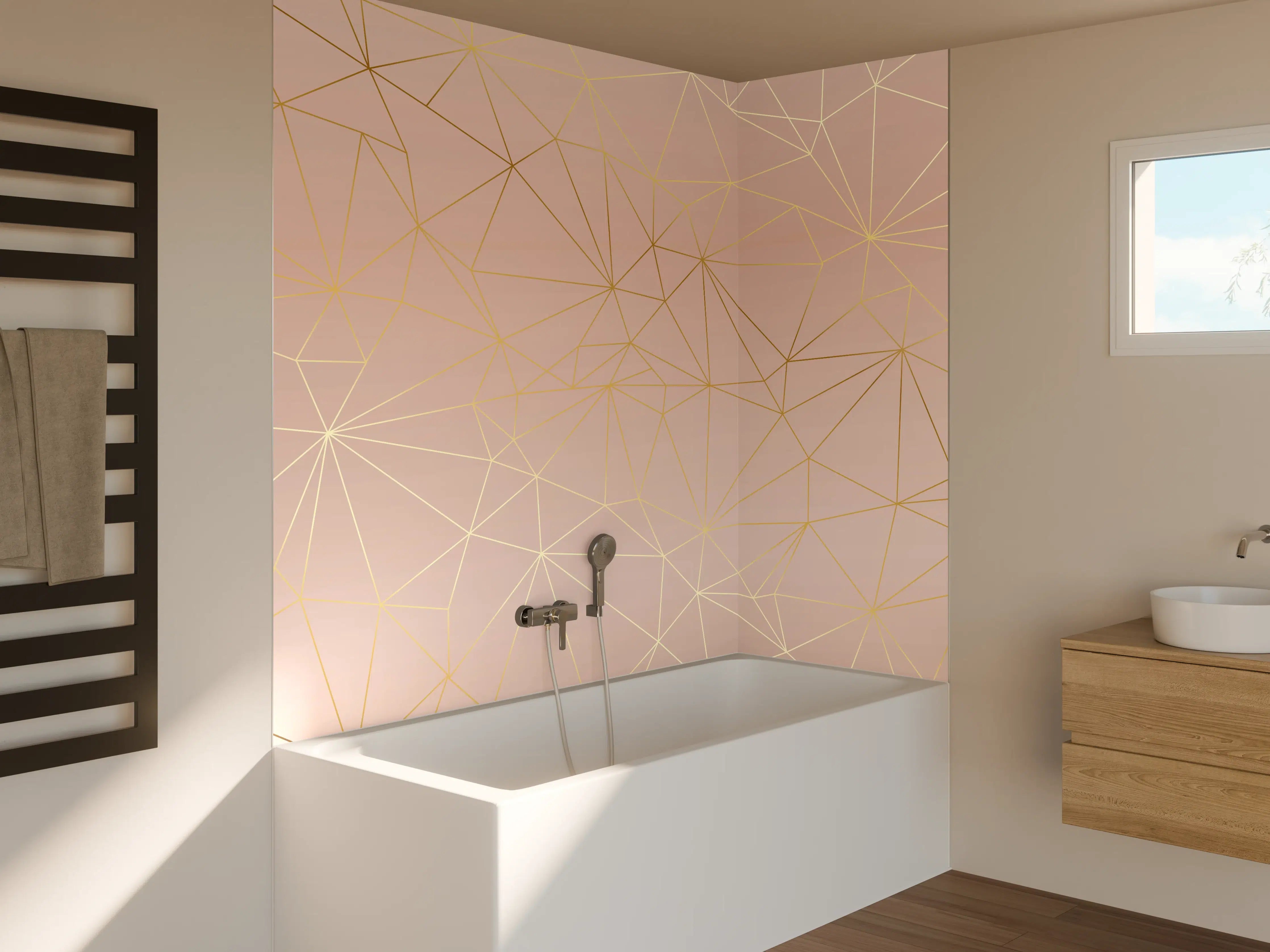 Badewannen-Rückwand - Goldene Linien auf Beige Hintergrund